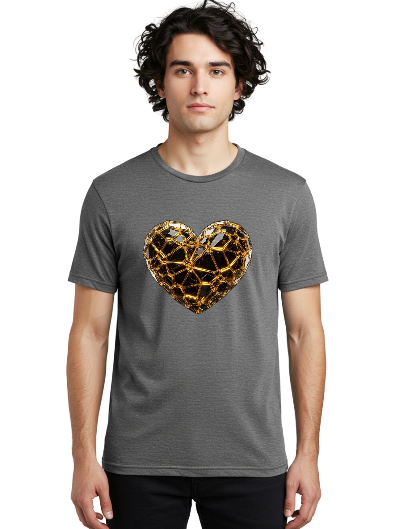 Golden-Heart Men'S Graphic Tee, 100% Cotton, Comfortable Casual Summer Wear, Machine Washable, Golden Heart, 3D Heart, Geometric Pattern, Luxury Design, Valentines Day, Love Symbol, Abstract Art, Modern Decoration, Gold Texture Bae025 17