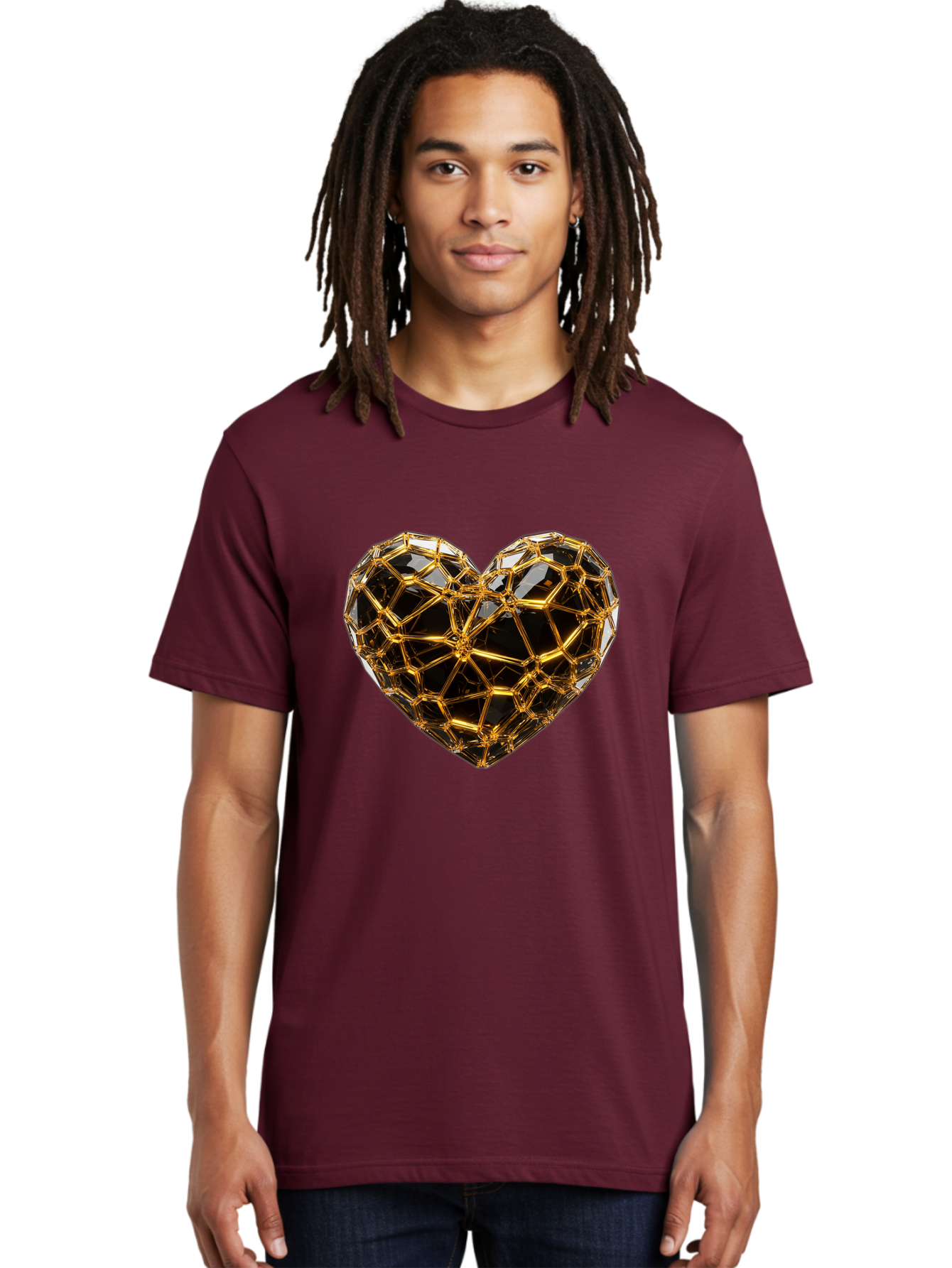Golden-Heart Men'S Graphic Tee, 100% Cotton, Comfortable Casual Summer Wear, Machine Washable, Golden Heart, 3D Heart, Geometric Pattern, Luxury Design, Valentines Day, Love Symbol, Abstract Art, Modern Decoration, Gold Texture Bae025 25