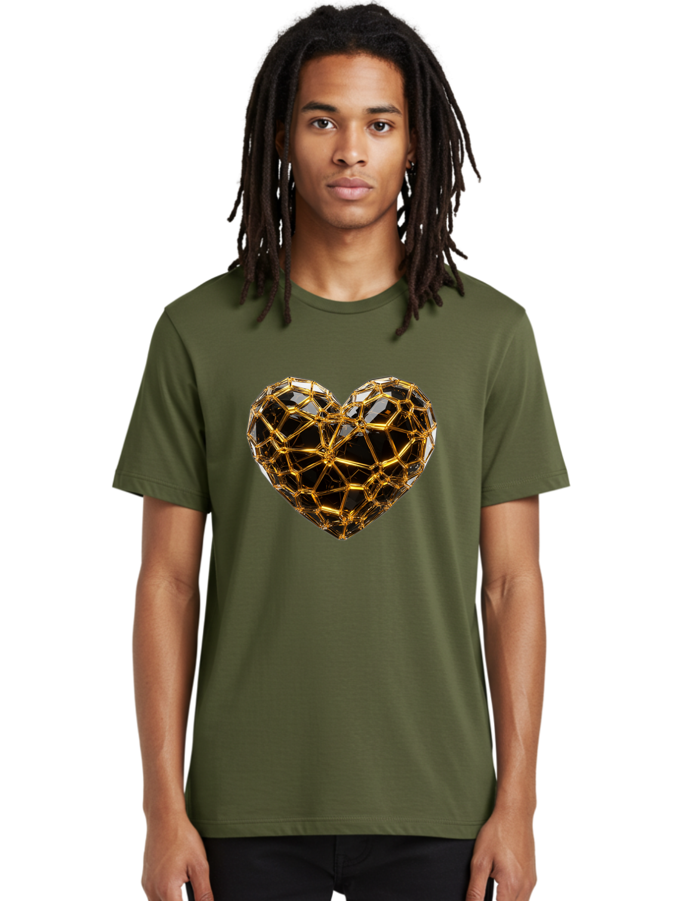 Golden-Heart Men'S Graphic Tee, 100% Cotton, Comfortable Casual Summer Wear, Machine Washable, Golden Heart, 3D Heart, Geometric Pattern, Luxury Design, Valentines Day, Love Symbol, Abstract Art, Modern Decoration, Gold Texture Bae025 30