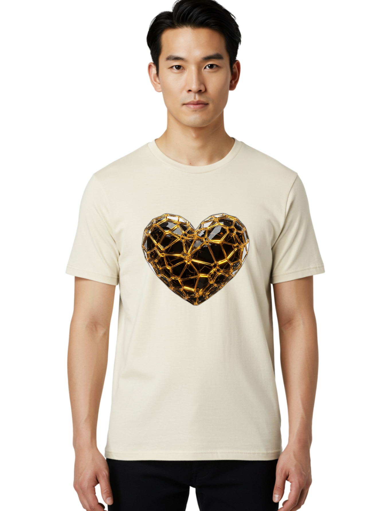 Golden-Heart Men'S Graphic Tee, 100% Cotton, Comfortable Casual Summer Wear, Machine Washable, Golden Heart, 3D Heart, Geometric Pattern, Luxury Design, Valentines Day, Love Symbol, Abstract Art, Modern Decoration, Gold Texture Bae025 23