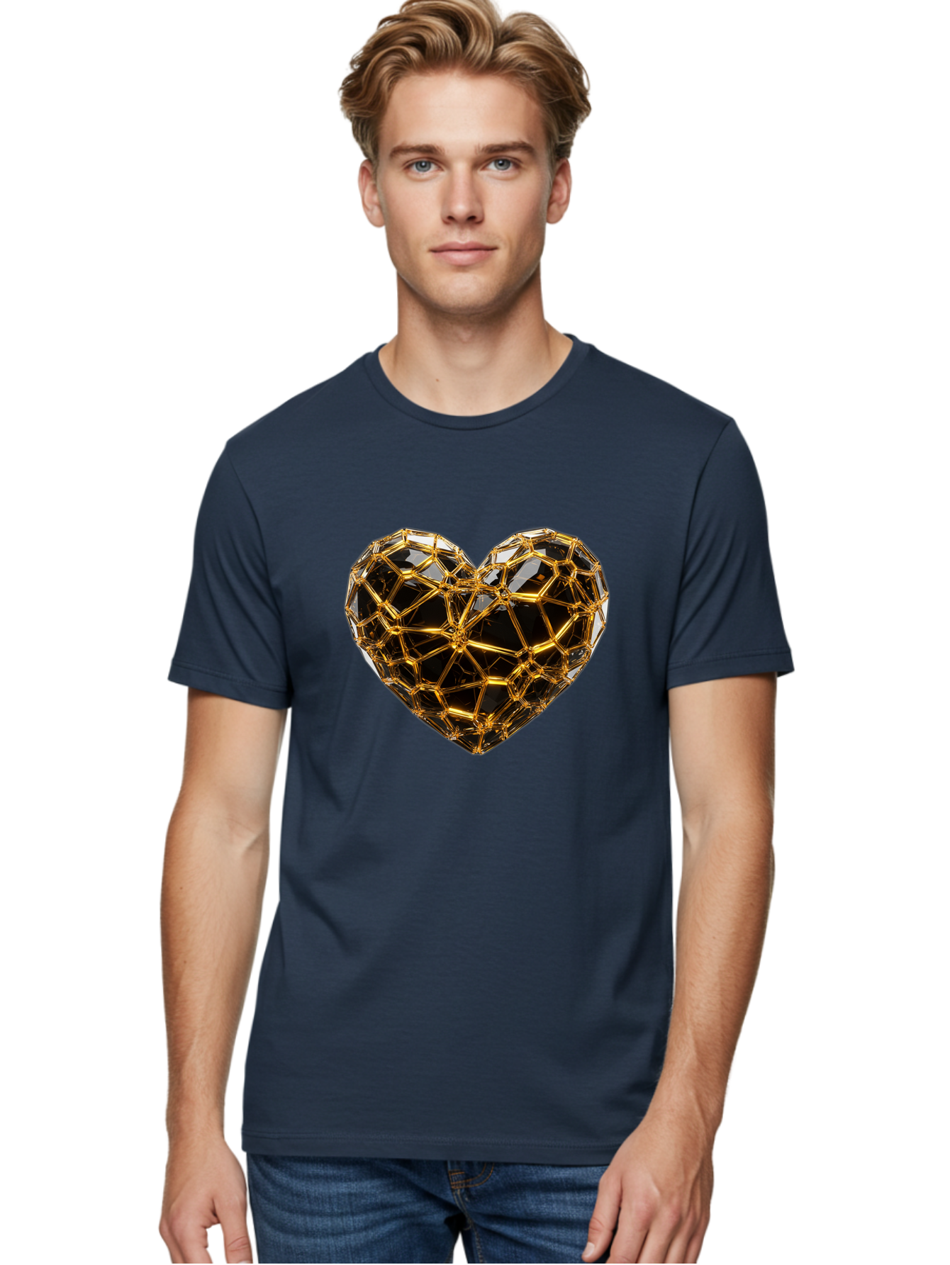 Golden-Heart Men'S Graphic Tee, 100% Cotton, Comfortable Casual Summer Wear, Machine Washable, Golden Heart, 3D Heart, Geometric Pattern, Luxury Design, Valentines Day, Love Symbol, Abstract Art, Modern Decoration, Gold Texture Bae025 18