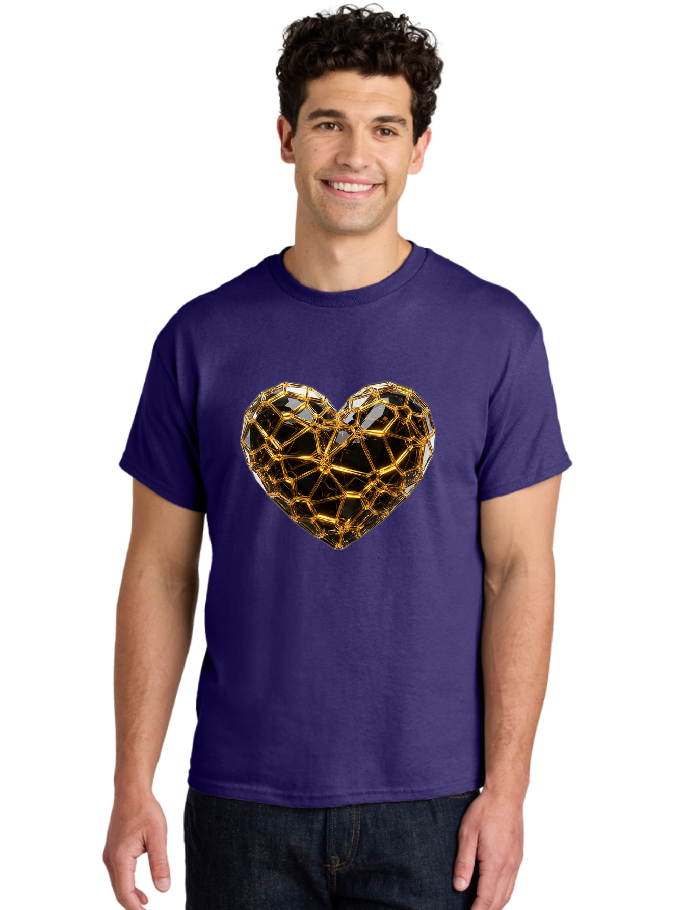 Golden-Heart Men'S Graphic Tee, 100% Cotton, Comfortable Casual Summer Wear, Machine Washable, Golden Heart, 3D Heart, Geometric Pattern, Luxury Design, Valentines Day, Love Symbol, Abstract Art, Modern Decoration, Gold Texture Bae025 28