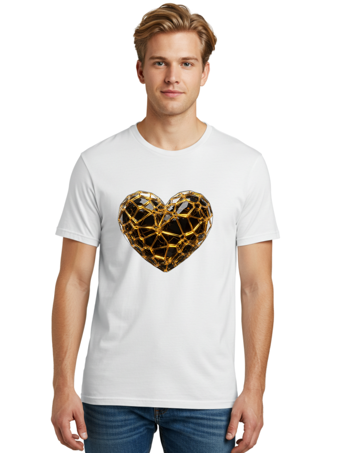 Golden-Heart Men'S Graphic Tee, 100% Cotton, Comfortable Casual Summer Wear, Machine Washable, Golden Heart, 3D Heart, Geometric Pattern, Luxury Design, Valentines Day, Love Symbol, Abstract Art, Modern Decoration, Gold Texture Bae025 21