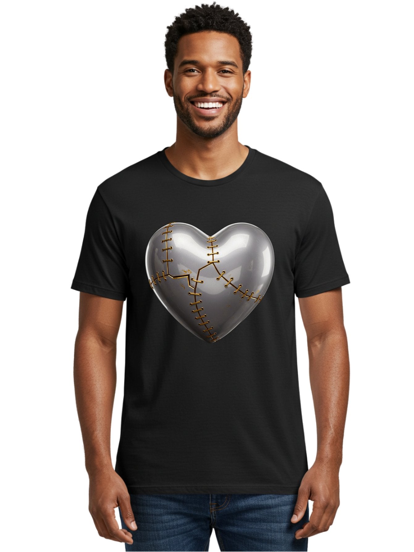 Gray-Heart-With-Gold-Stitches Men'S Graphic Tee, 100% Cotton, Comfortable Casual Summer Wear, Machine Washable, Broken Heart, Kintsugi Repair, Gold Stitching, Mended Love, Heartbreak Healing, Symbolic Art, 3D Rendering, Emotional Recovery, Bae026 16