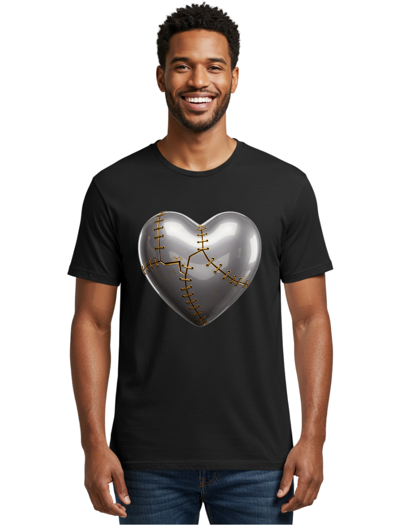 Gray-Heart-With-Gold-Stitches Men'S Graphic Tee, 100% Cotton, Comfortable Casual Summer Wear, Machine Washable, Broken Heart, Kintsugi Repair, Gold Stitching, Mended Love, Heartbreak Healing, Symbolic Art, 3D Rendering, Emotional Recovery, Bae026 27