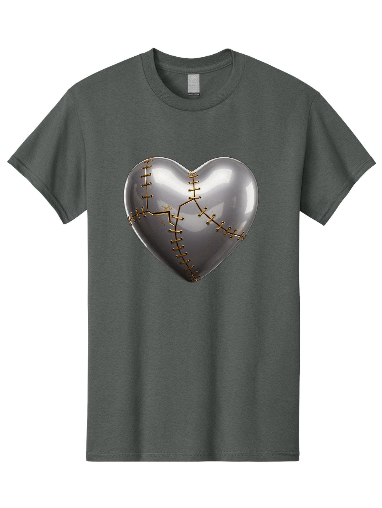 Gray-Heart-With-Gold-Stitches Men'S Graphic Tee, 100% Cotton, Comfortable Casual Summer Wear, Machine Washable, Broken Heart, Kintsugi Repair, Gold Stitching, Mended Love, Heartbreak Healing, Symbolic Art, 3D Rendering, Emotional Recovery, Bae026 15
