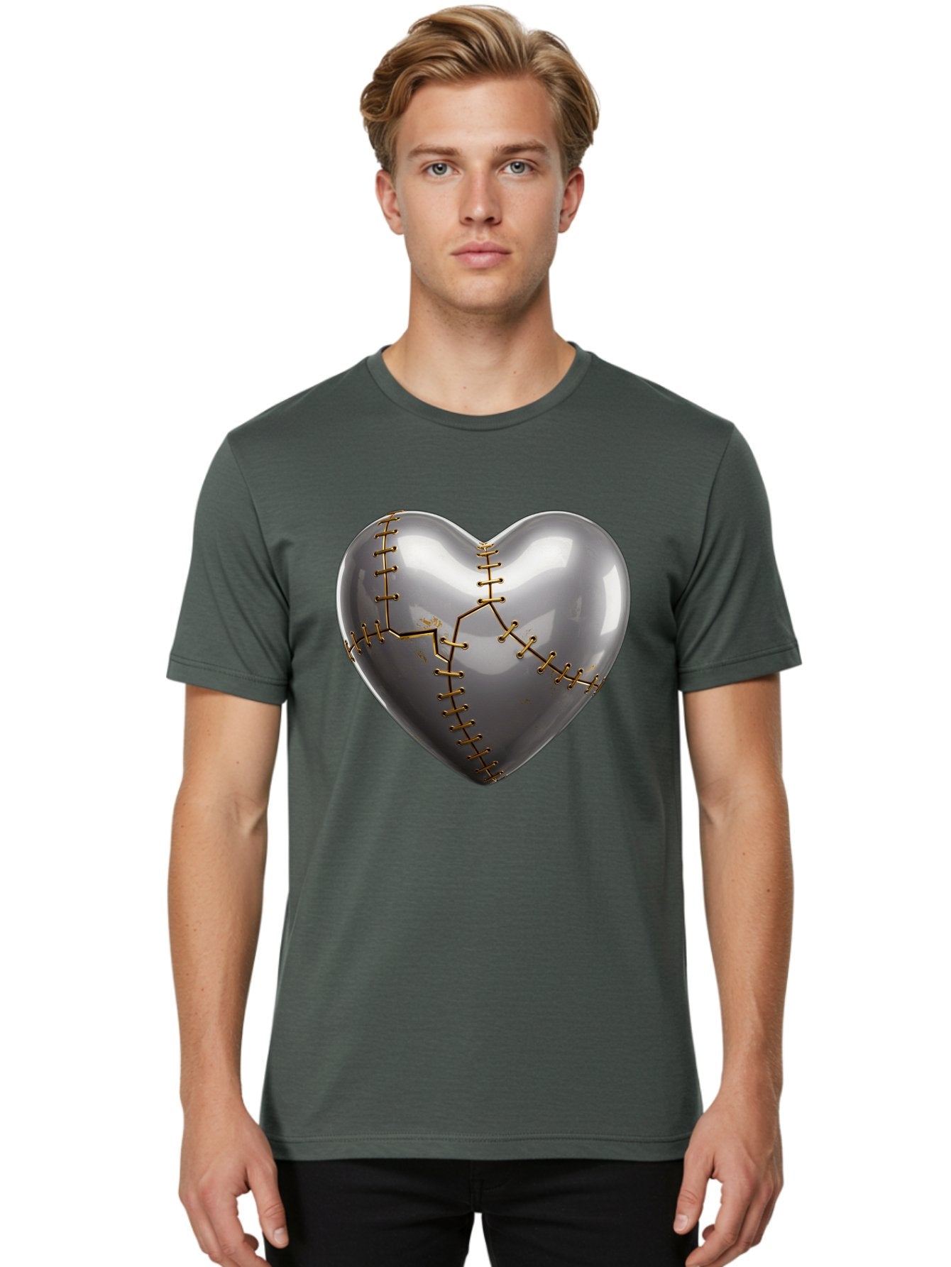 Gray-Heart-With-Gold-Stitches Men'S Graphic Tee, 100% Cotton, Comfortable Casual Summer Wear, Machine Washable, Broken Heart, Kintsugi Repair, Gold Stitching, Mended Love, Heartbreak Healing, Symbolic Art, 3D Rendering, Emotional Recovery, Bae026 30