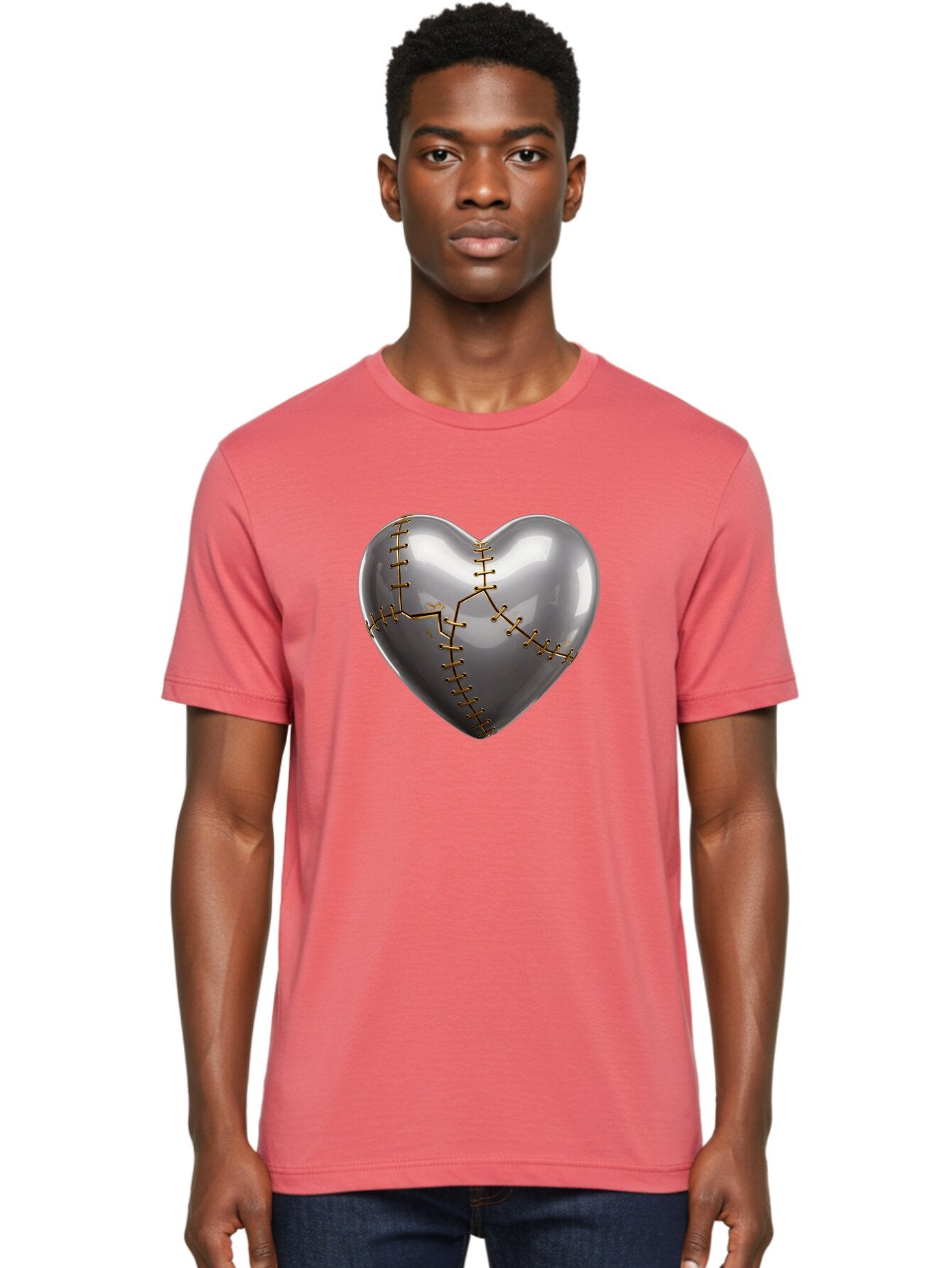 Gray-Heart-With-Gold-Stitches Men'S Graphic Tee, 100% Cotton, Comfortable Casual Summer Wear, Machine Washable, Broken Heart, Kintsugi Repair, Gold Stitching, Mended Love, Heartbreak Healing, Symbolic Art, 3D Rendering, Emotional Recovery, Bae026 28