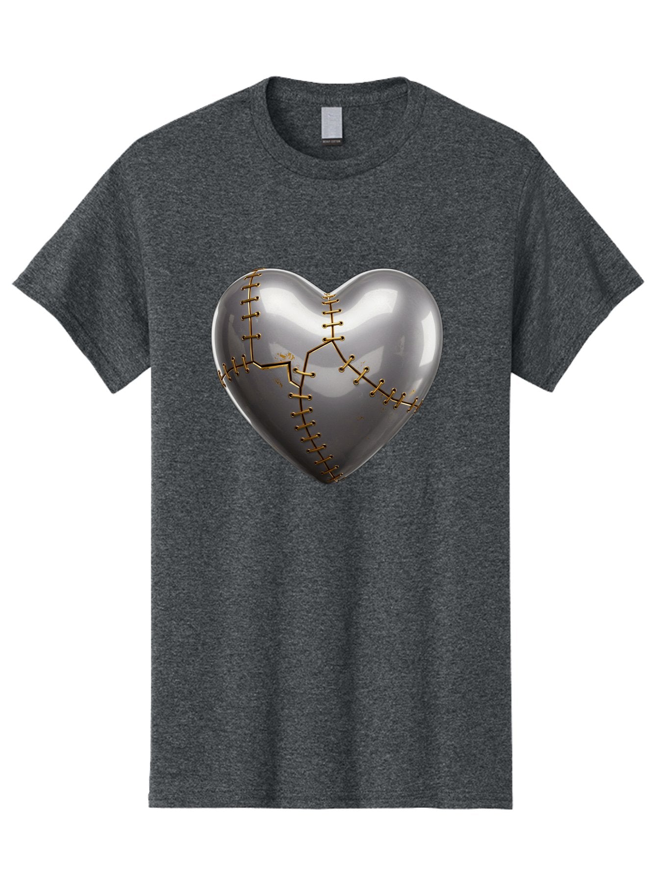 Gray-Heart-With-Gold-Stitches Men'S Graphic Tee, 100% Cotton, Comfortable Casual Summer Wear, Machine Washable, Broken Heart, Kintsugi Repair, Gold Stitching, Mended Love, Heartbreak Healing, Symbolic Art, 3D Rendering, Emotional Recovery, Bae026 9