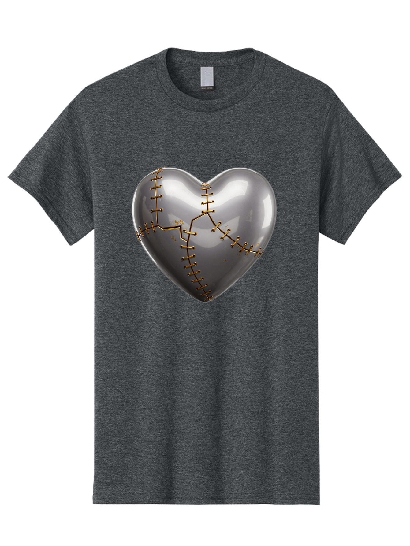 Gray-Heart-With-Gold-Stitches Men'S Graphic Tee, 100% Cotton, Comfortable Casual Summer Wear, Machine Washable, Broken Heart, Kintsugi Repair, Gold Stitching, Mended Love, Heartbreak Healing, Symbolic Art, 3D Rendering, Emotional Recovery, Bae026 5