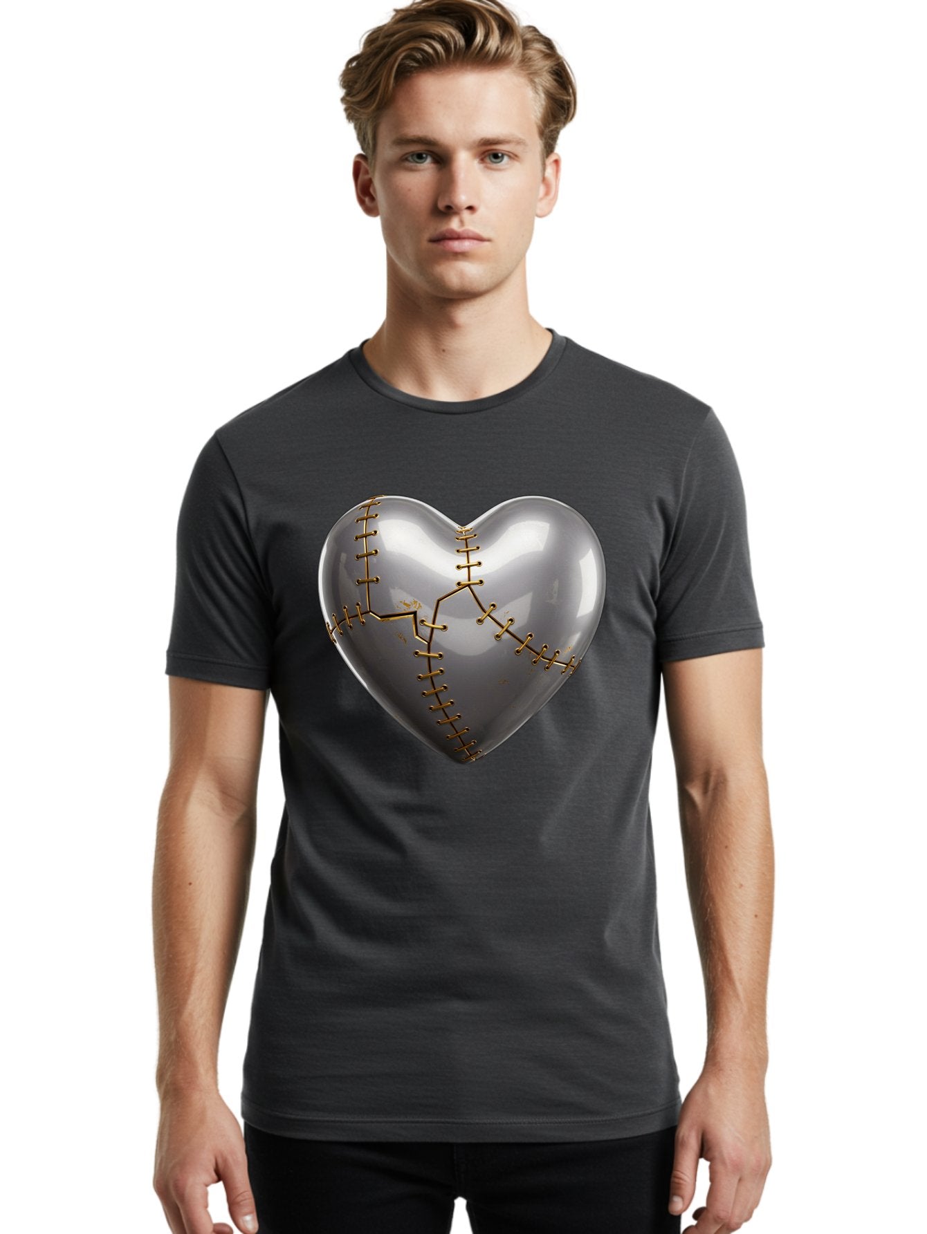 Gray-Heart-With-Gold-Stitches Men'S Graphic Tee, 100% Cotton, Comfortable Casual Summer Wear, Machine Washable, Broken Heart, Kintsugi Repair, Gold Stitching, Mended Love, Heartbreak Healing, Symbolic Art, 3D Rendering, Emotional Recovery, Bae026 26
