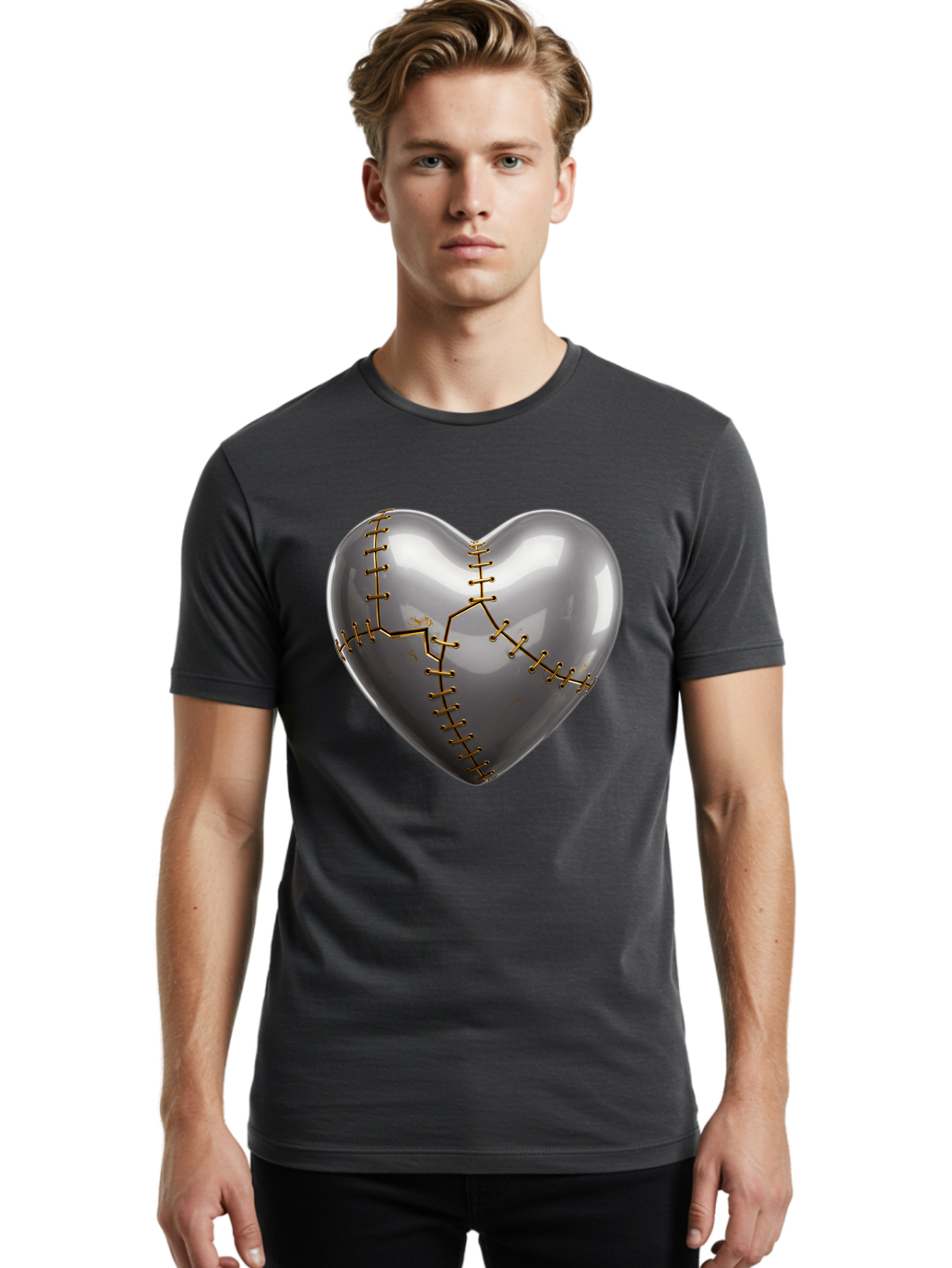 Gray-Heart-With-Gold-Stitches Men'S Graphic Tee, 100% Cotton, Comfortable Casual Summer Wear, Machine Washable, Broken Heart, Kintsugi Repair, Gold Stitching, Mended Love, Heartbreak Healing, Symbolic Art, 3D Rendering, Emotional Recovery, Bae026 19