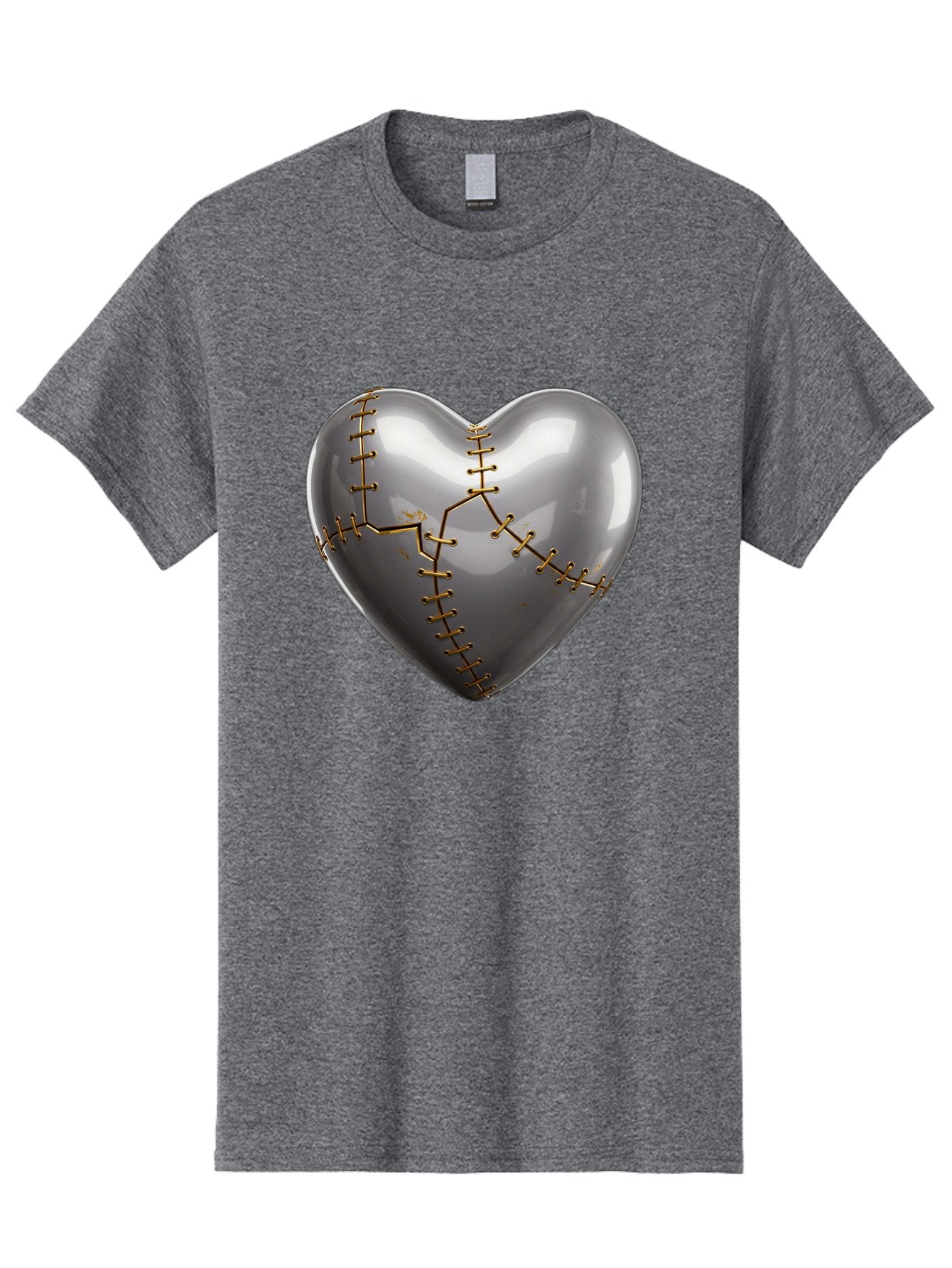 Gray-Heart-With-Gold-Stitches Men'S Graphic Tee, 100% Cotton, Comfortable Casual Summer Wear, Machine Washable, Broken Heart, Kintsugi Repair, Gold Stitching, Mended Love, Heartbreak Healing, Symbolic Art, 3D Rendering, Emotional Recovery, Bae026 11
