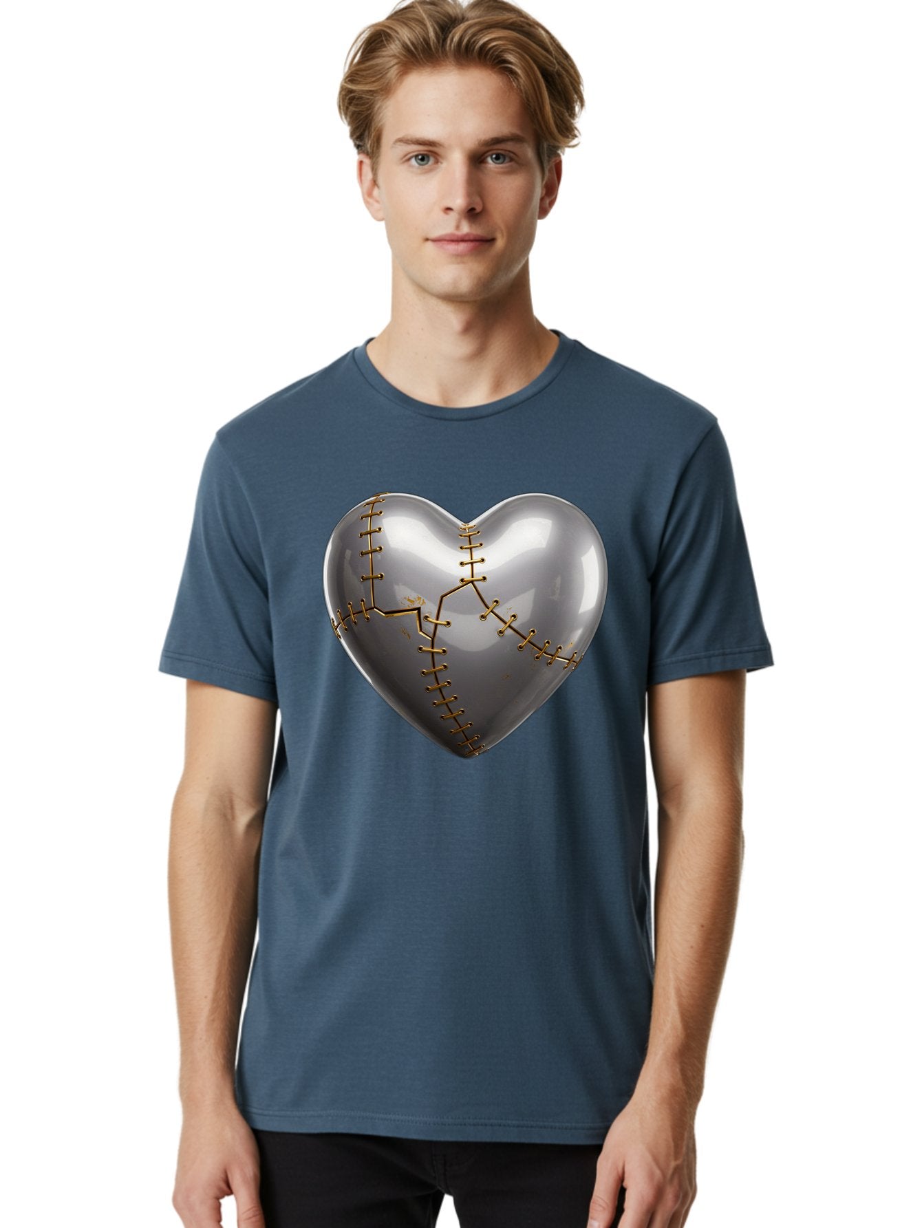 Gray-Heart-With-Gold-Stitches Men'S Graphic Tee, 100% Cotton, Comfortable Casual Summer Wear, Machine Washable, Broken Heart, Kintsugi Repair, Gold Stitching, Mended Love, Heartbreak Healing, Symbolic Art, 3D Rendering, Emotional Recovery, Bae026 20