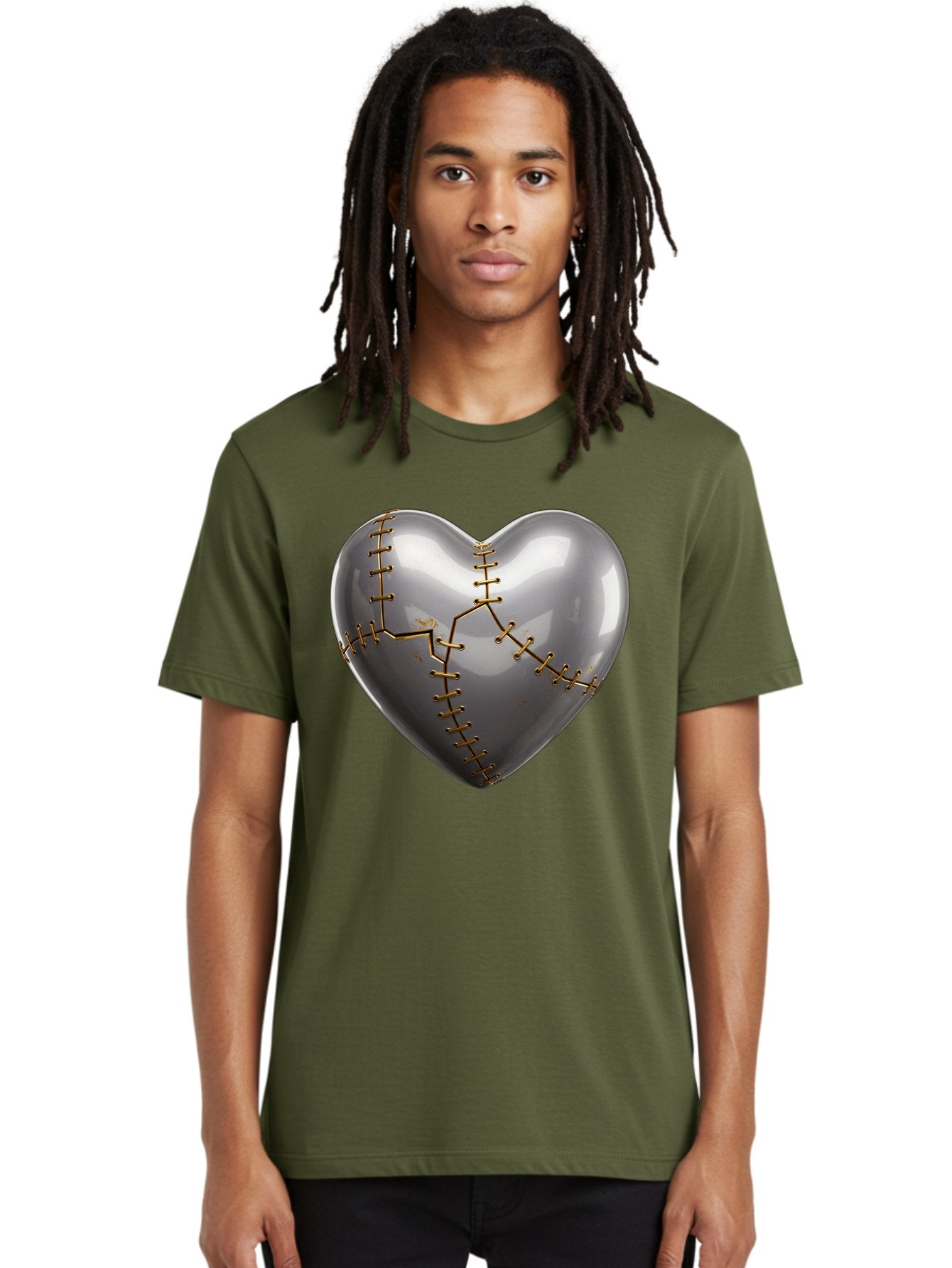 Gray-Heart-With-Gold-Stitches Men'S Graphic Tee, 100% Cotton, Comfortable Casual Summer Wear, Machine Washable, Broken Heart, Kintsugi Repair, Gold Stitching, Mended Love, Heartbreak Healing, Symbolic Art, 3D Rendering, Emotional Recovery, Bae026 29