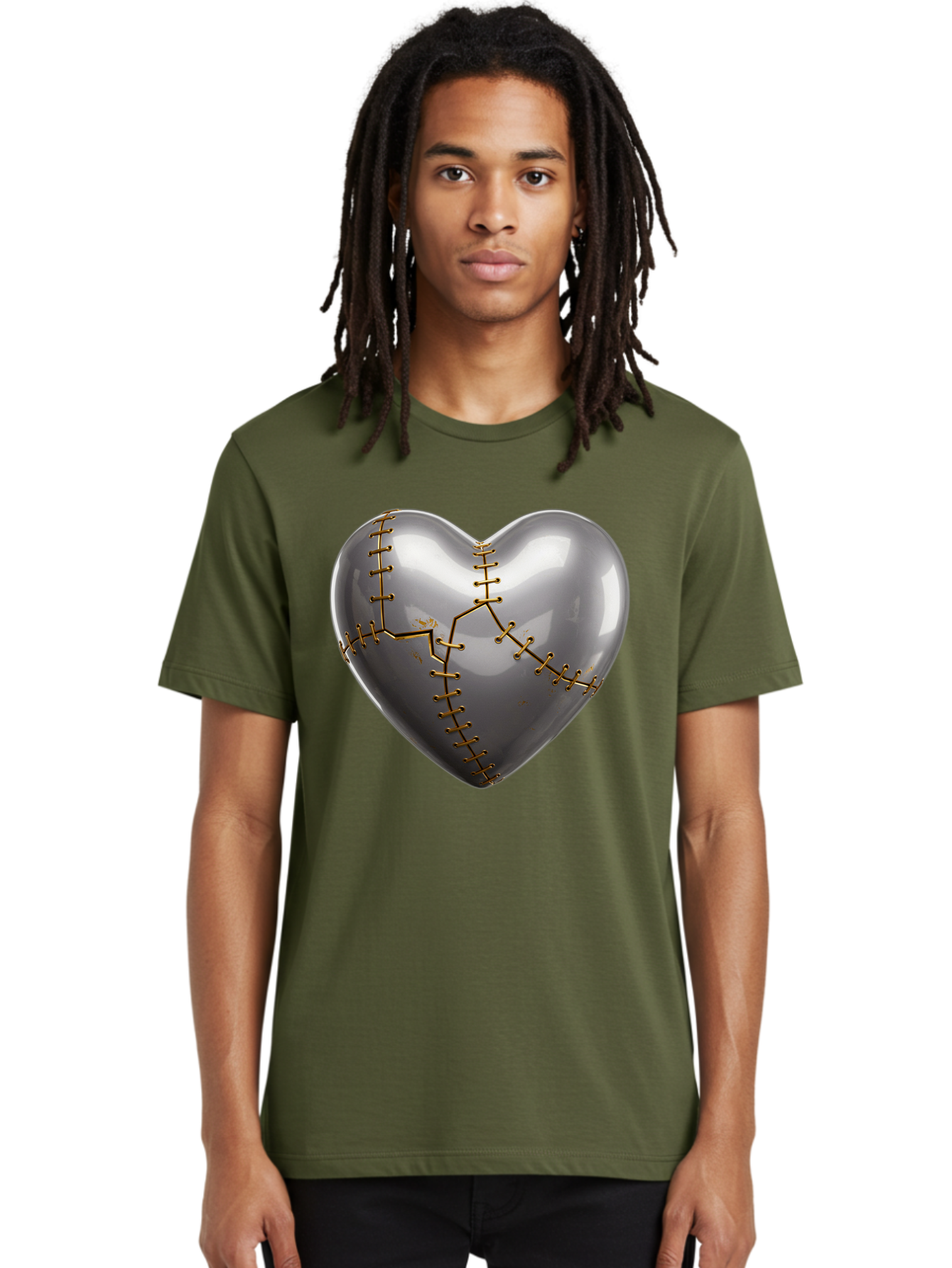 Gray-Heart-With-Gold-Stitches Men'S Graphic Tee, 100% Cotton, Comfortable Casual Summer Wear, Machine Washable, Broken Heart, Kintsugi Repair, Gold Stitching, Mended Love, Heartbreak Healing, Symbolic Art, 3D Rendering, Emotional Recovery, Bae026 16