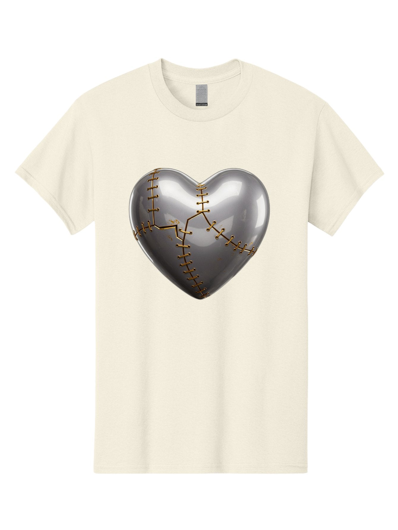Gray-Heart-With-Gold-Stitches Men'S Graphic Tee, 100% Cotton, Comfortable Casual Summer Wear, Machine Washable, Broken Heart, Kintsugi Repair, Gold Stitching, Mended Love, Heartbreak Healing, Symbolic Art, 3D Rendering, Emotional Recovery, Bae026