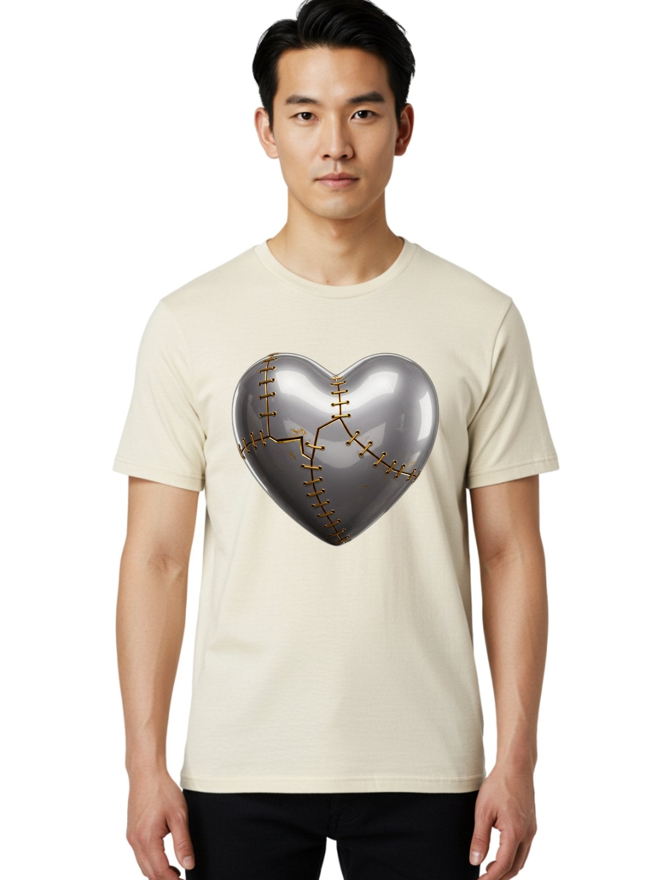 Gray-Heart-With-Gold-Stitches Men'S Graphic Tee, 100% Cotton, Comfortable Casual Summer Wear, Machine Washable, Broken Heart, Kintsugi Repair, Gold Stitching, Mended Love, Heartbreak Healing, Symbolic Art, 3D Rendering, Emotional Recovery, Bae026 21
