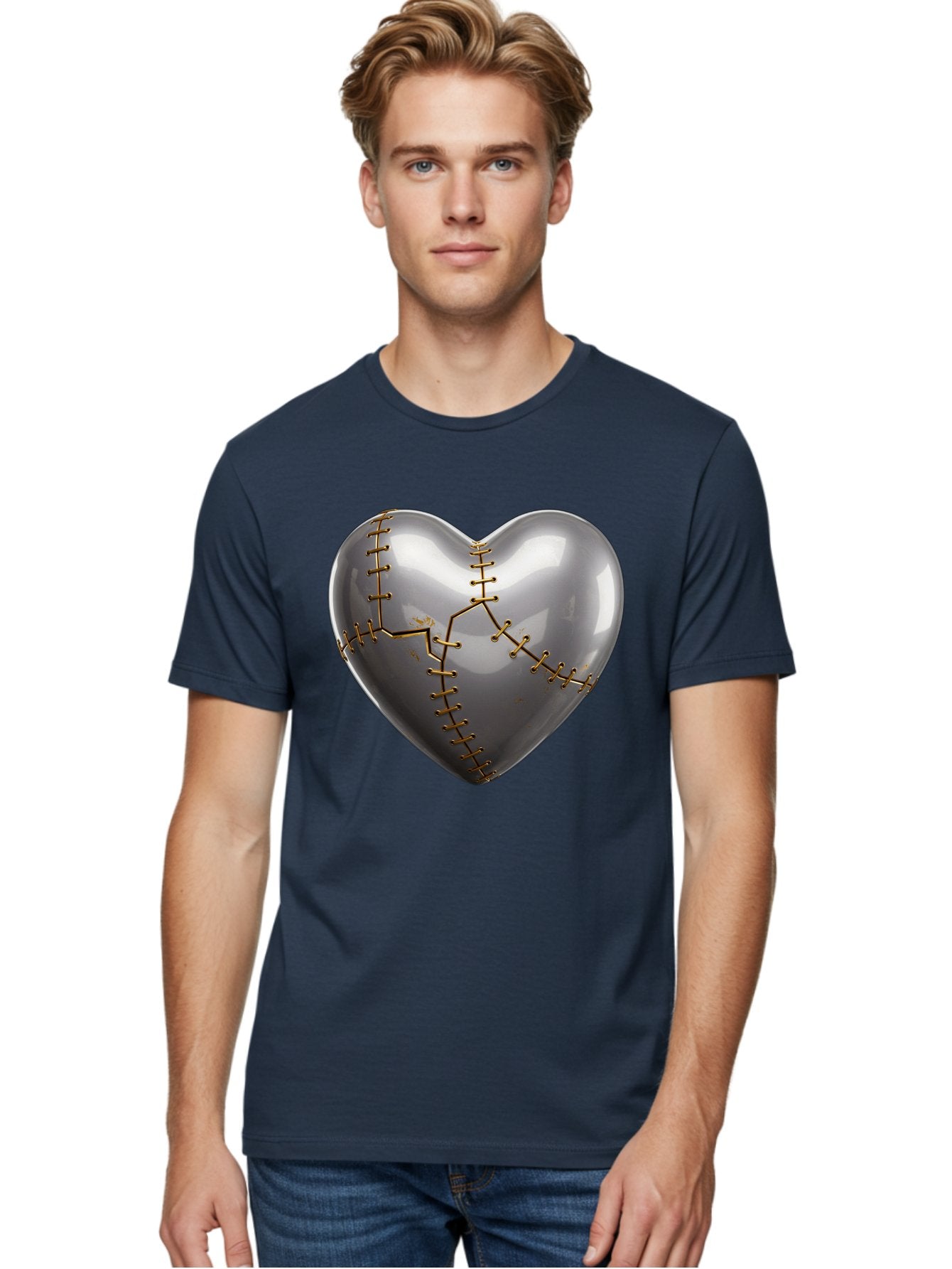 Gray-Heart-With-Gold-Stitches Men'S Graphic Tee, 100% Cotton, Comfortable Casual Summer Wear, Machine Washable, Broken Heart, Kintsugi Repair, Gold Stitching, Mended Love, Heartbreak Healing, Symbolic Art, 3D Rendering, Emotional Recovery, Bae026 24