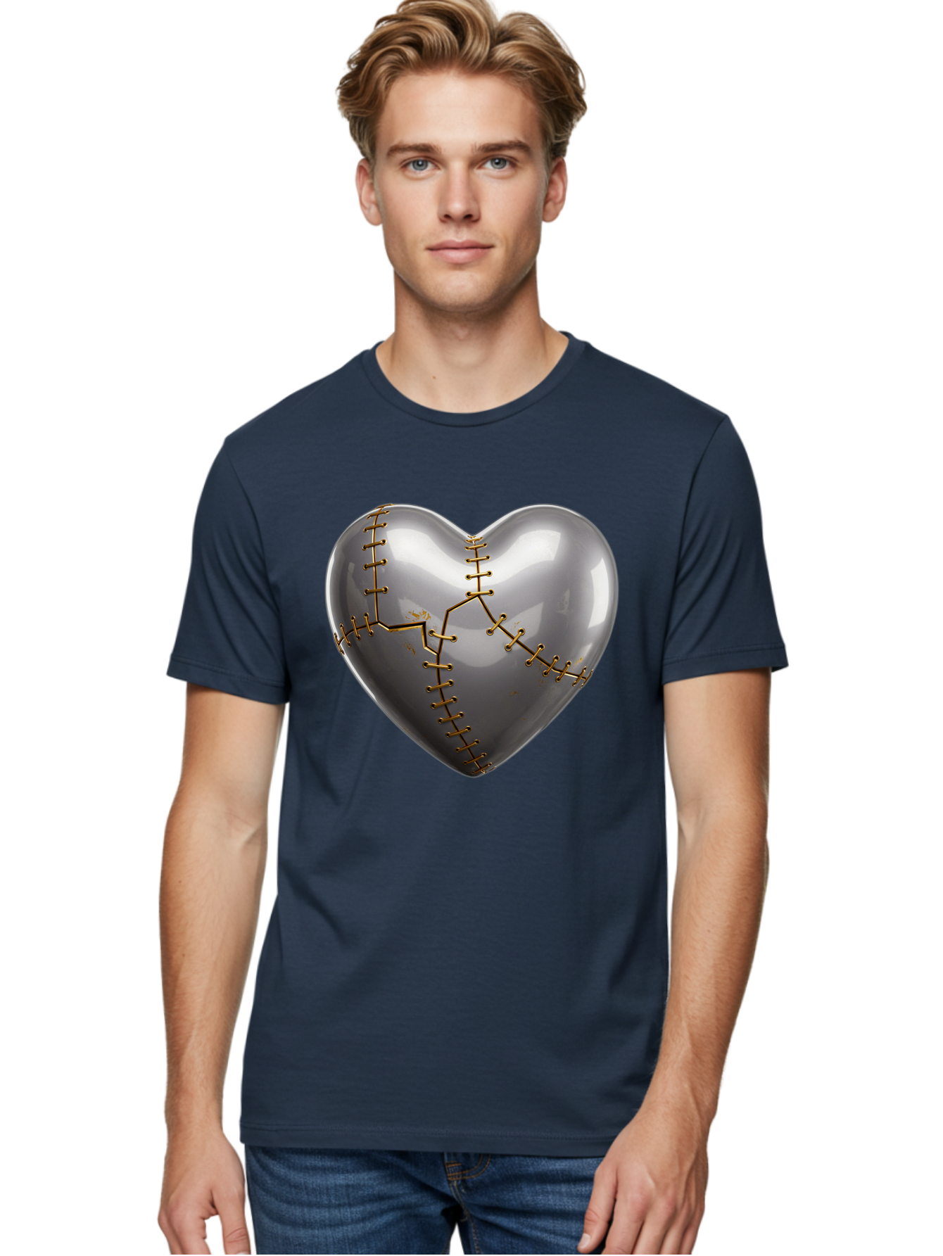 Gray-Heart-With-Gold-Stitches Men'S Graphic Tee, 100% Cotton, Comfortable Casual Summer Wear, Machine Washable, Broken Heart, Kintsugi Repair, Gold Stitching, Mended Love, Heartbreak Healing, Symbolic Art, 3D Rendering, Emotional Recovery, Bae026 21