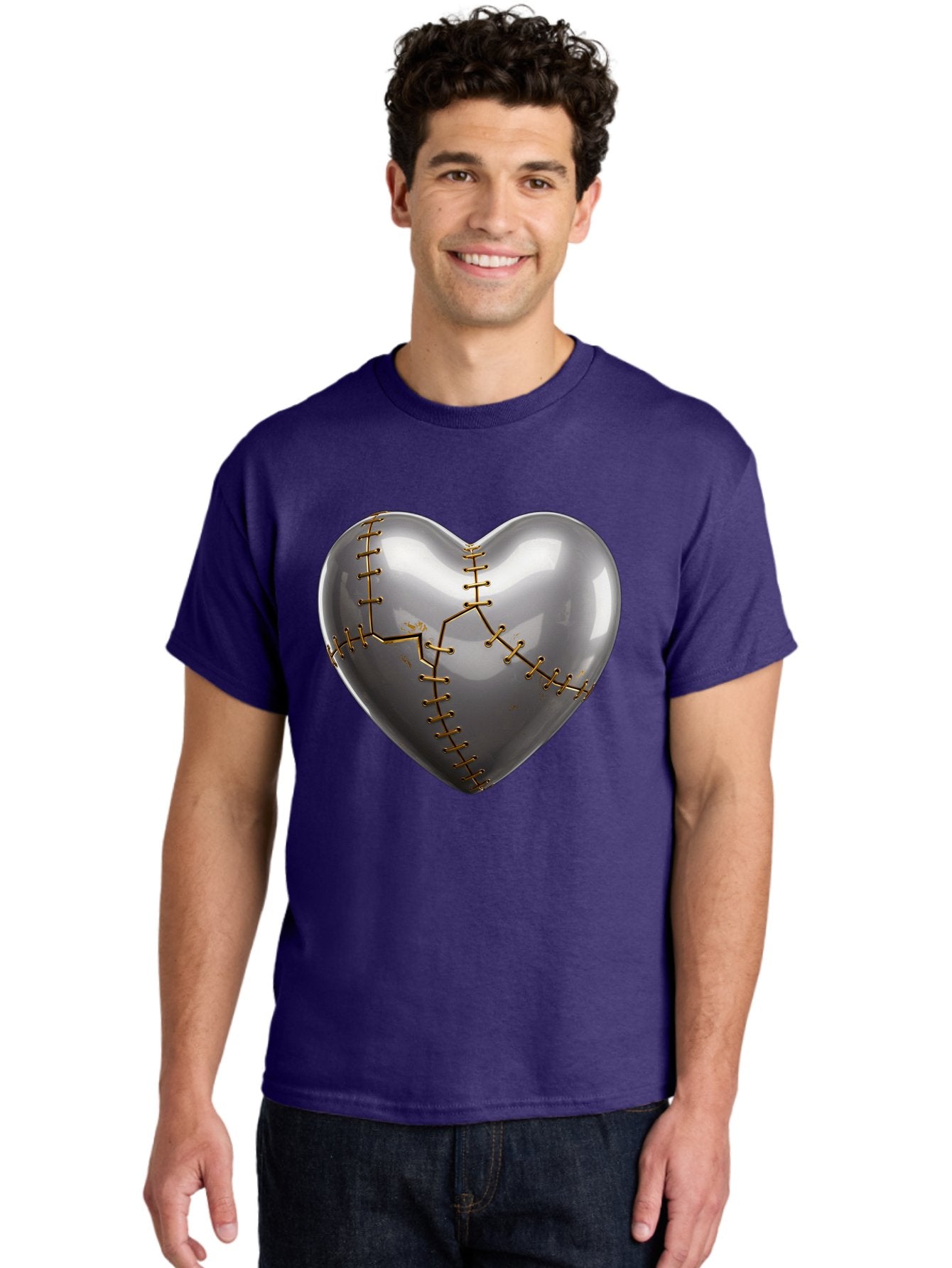 Gray-Heart-With-Gold-Stitches Men'S Graphic Tee, 100% Cotton, Comfortable Casual Summer Wear, Machine Washable, Broken Heart, Kintsugi Repair, Gold Stitching, Mended Love, Heartbreak Healing, Symbolic Art, 3D Rendering, Emotional Recovery, Bae026 17