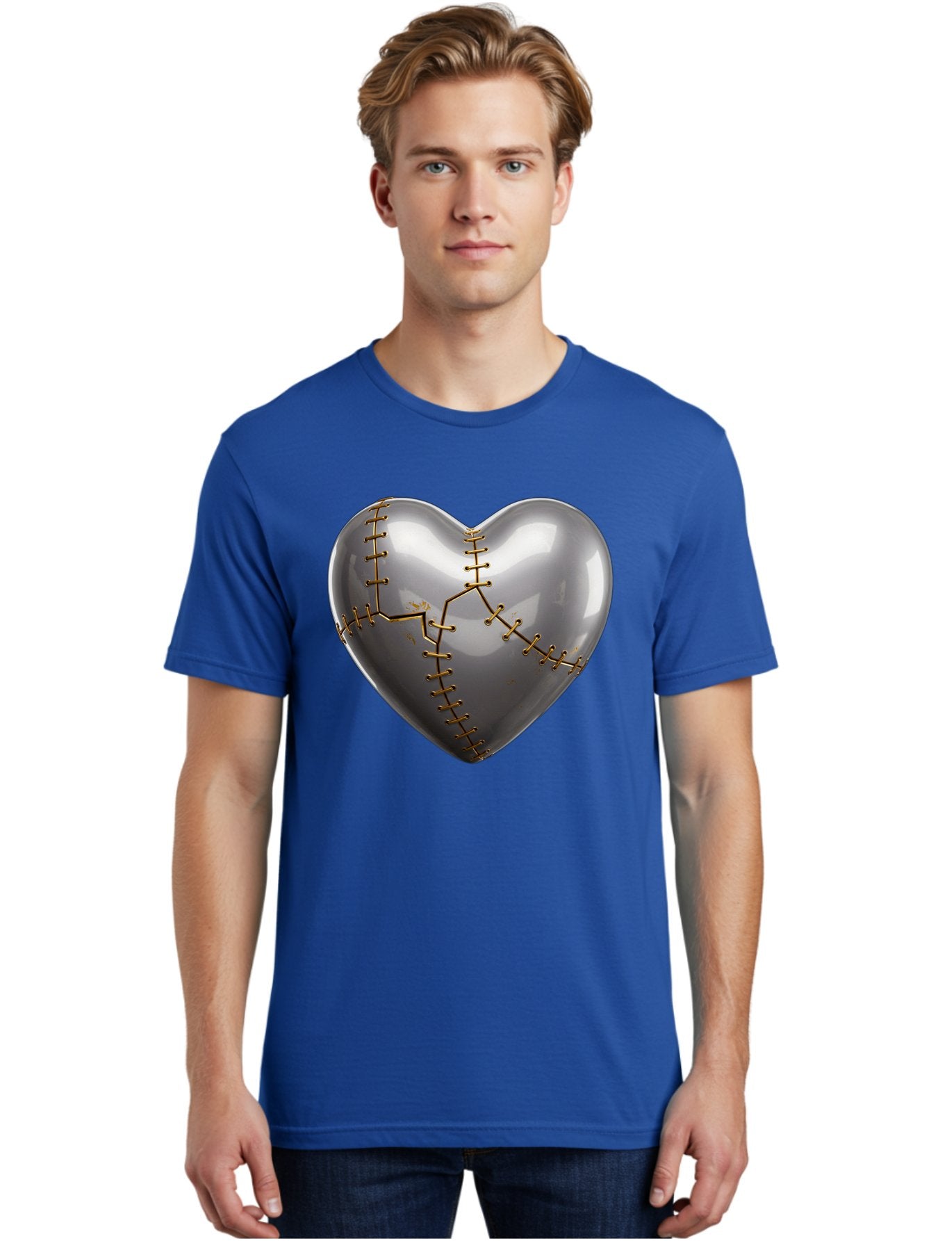 Gray-Heart-With-Gold-Stitches Men'S Graphic Tee, 100% Cotton, Comfortable Casual Summer Wear, Machine Washable, Broken Heart, Kintsugi Repair, Gold Stitching, Mended Love, Heartbreak Healing, Symbolic Art, 3D Rendering, Emotional Recovery, Bae026 18