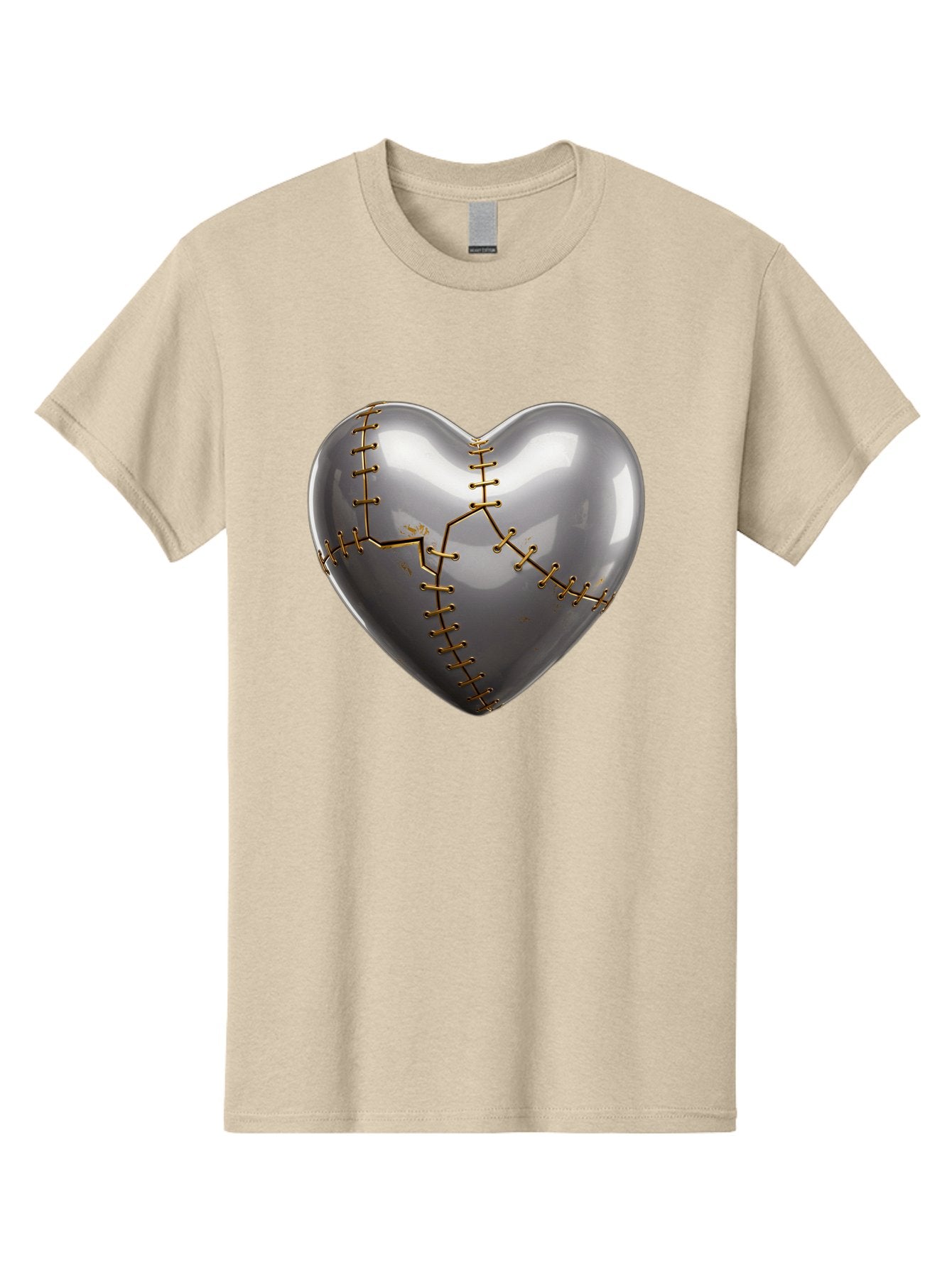 Gray-Heart-With-Gold-Stitches Men'S Graphic Tee, 100% Cotton, Comfortable Casual Summer Wear, Machine Washable, Broken Heart, Kintsugi Repair, Gold Stitching, Mended Love, Heartbreak Healing, Symbolic Art, 3D Rendering, Emotional Recovery, Bae026 3