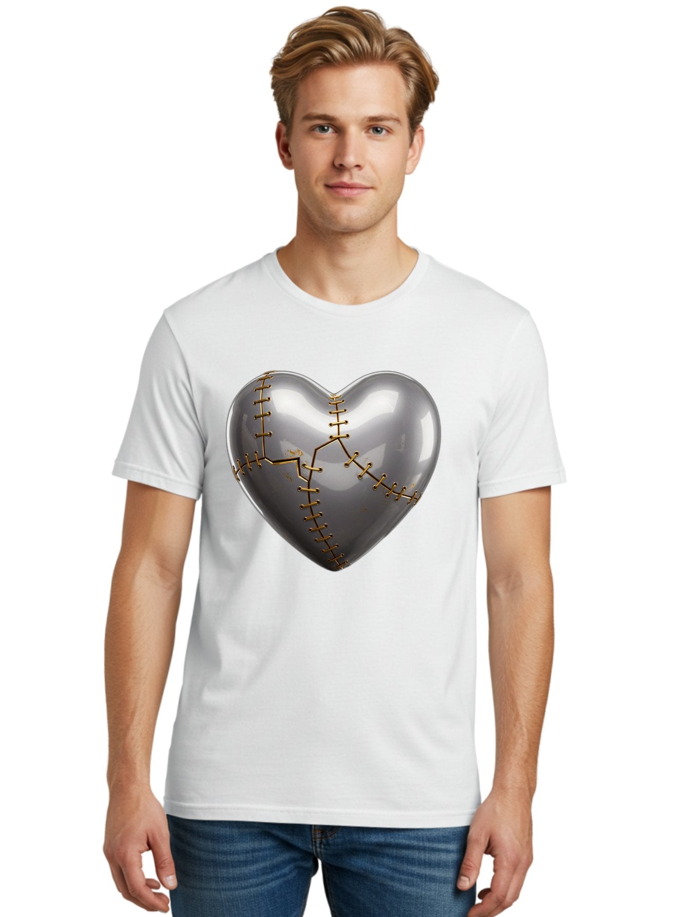 Gray-Heart-With-Gold-Stitches Men'S Graphic Tee, 100% Cotton, Comfortable Casual Summer Wear, Machine Washable, Broken Heart, Kintsugi Repair, Gold Stitching, Mended Love, Heartbreak Healing, Symbolic Art, 3D Rendering, Emotional Recovery, Bae026 19