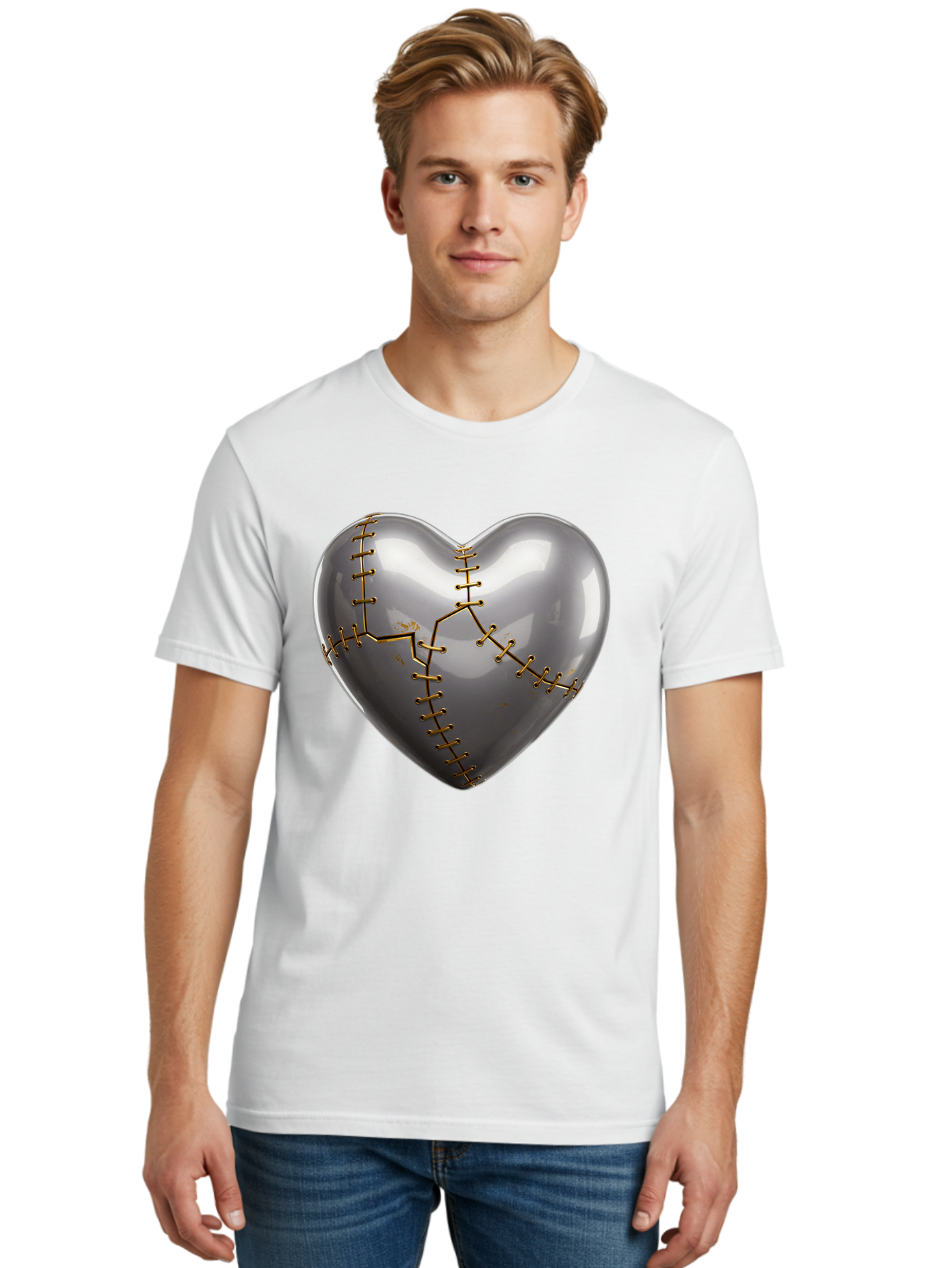 Gray-Heart-With-Gold-Stitches Men'S Graphic Tee, 100% Cotton, Comfortable Casual Summer Wear, Machine Washable, Broken Heart, Kintsugi Repair, Gold Stitching, Mended Love, Heartbreak Healing, Symbolic Art, 3D Rendering, Emotional Recovery, Bae026 25