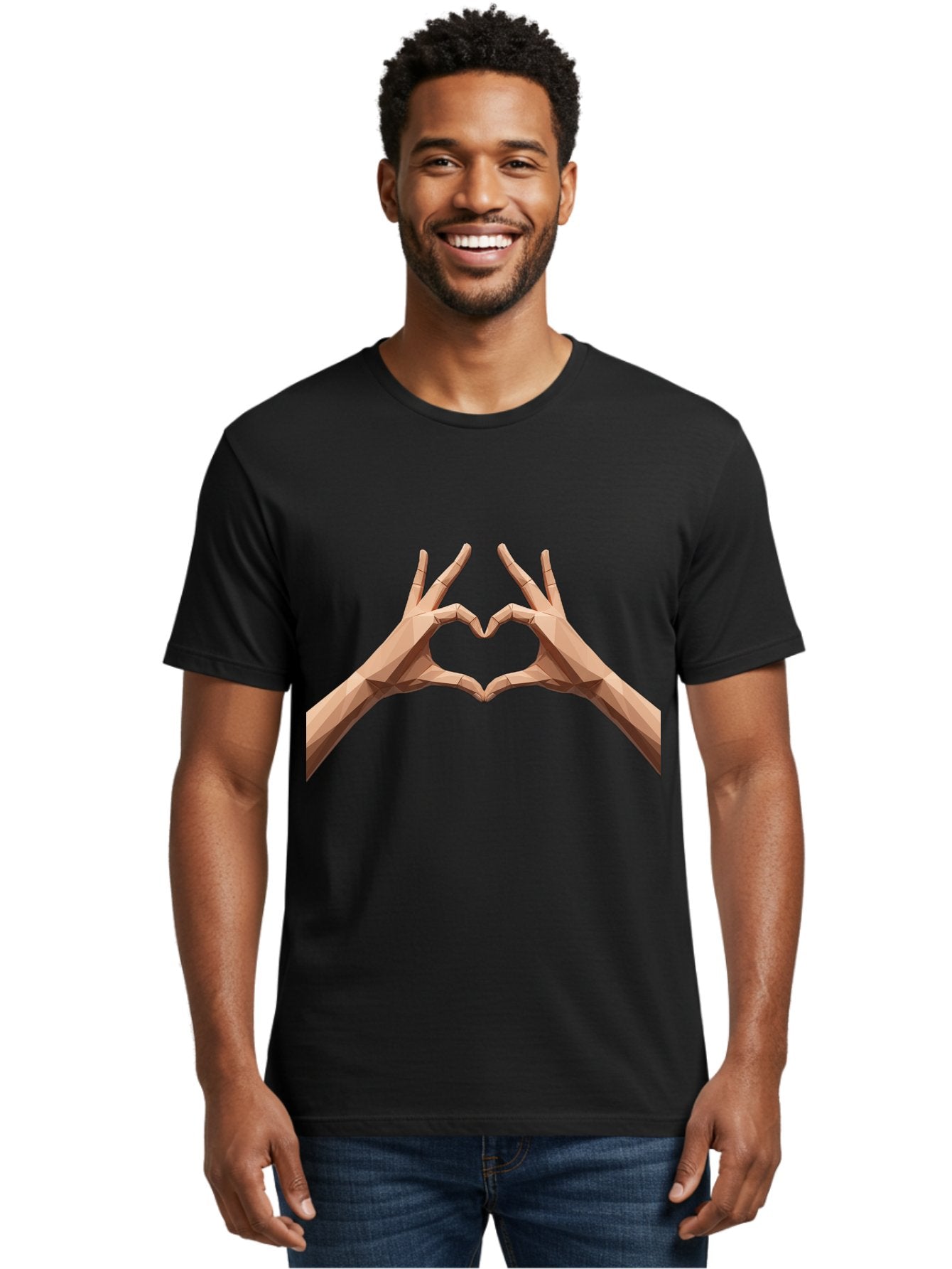 Hands-Heart-Gesture Men'S Graphic Tee, 100% Cotton, Comfortable Casual Summer Wear, Machine Washable, Low Poly Hands, Heart Shape, Love Symbol, 3D Art, Geometric Design, Affectionate Gesture, Digital Illustration, Heart Hands Bae028 30
