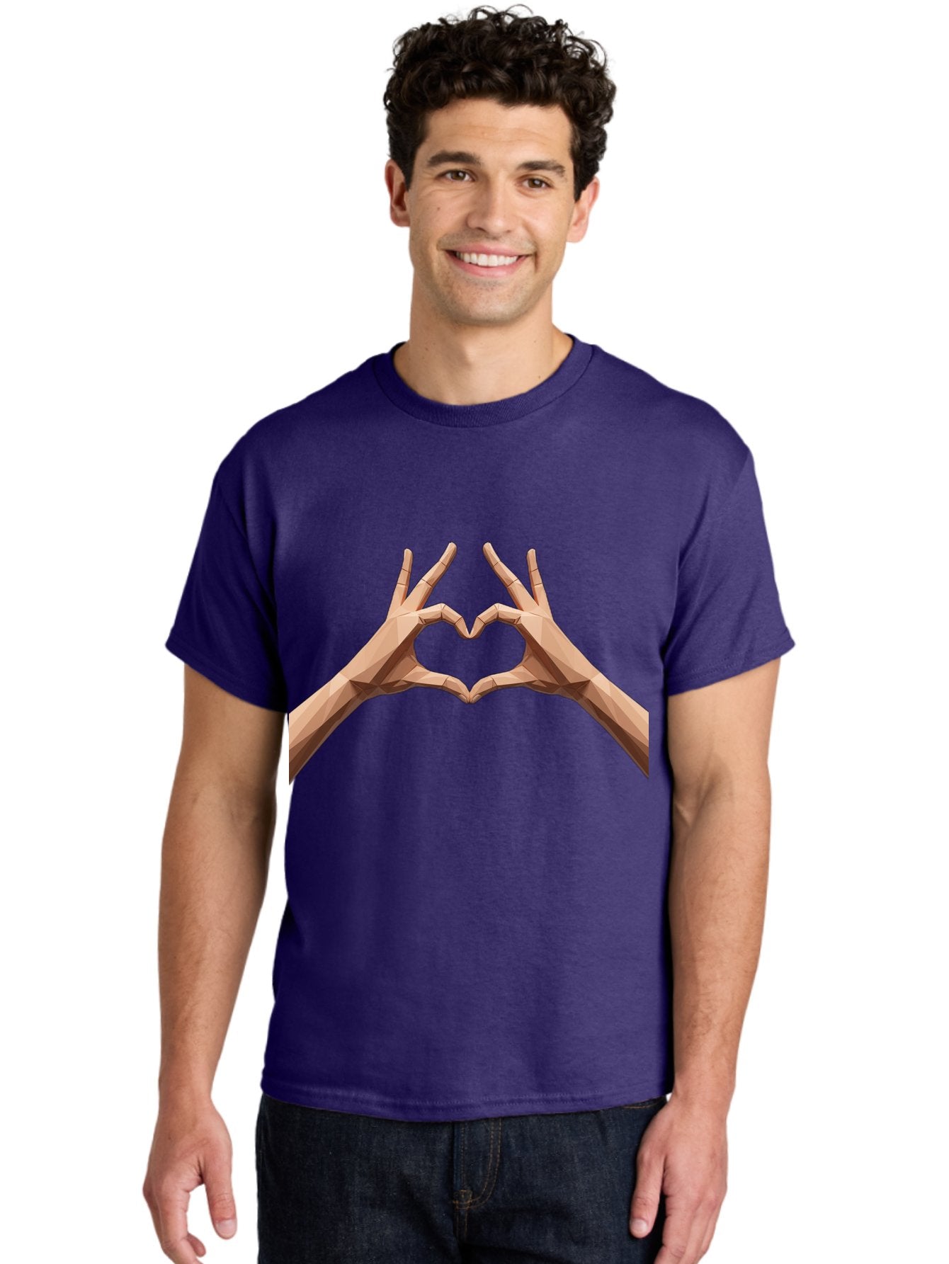 Hands-Heart-Gesture Men'S Graphic Tee, 100% Cotton, Comfortable Casual Summer Wear, Machine Washable, Low Poly Hands, Heart Shape, Love Symbol, 3D Art, Geometric Design, Affectionate Gesture, Digital Illustration, Heart Hands Bae028 19