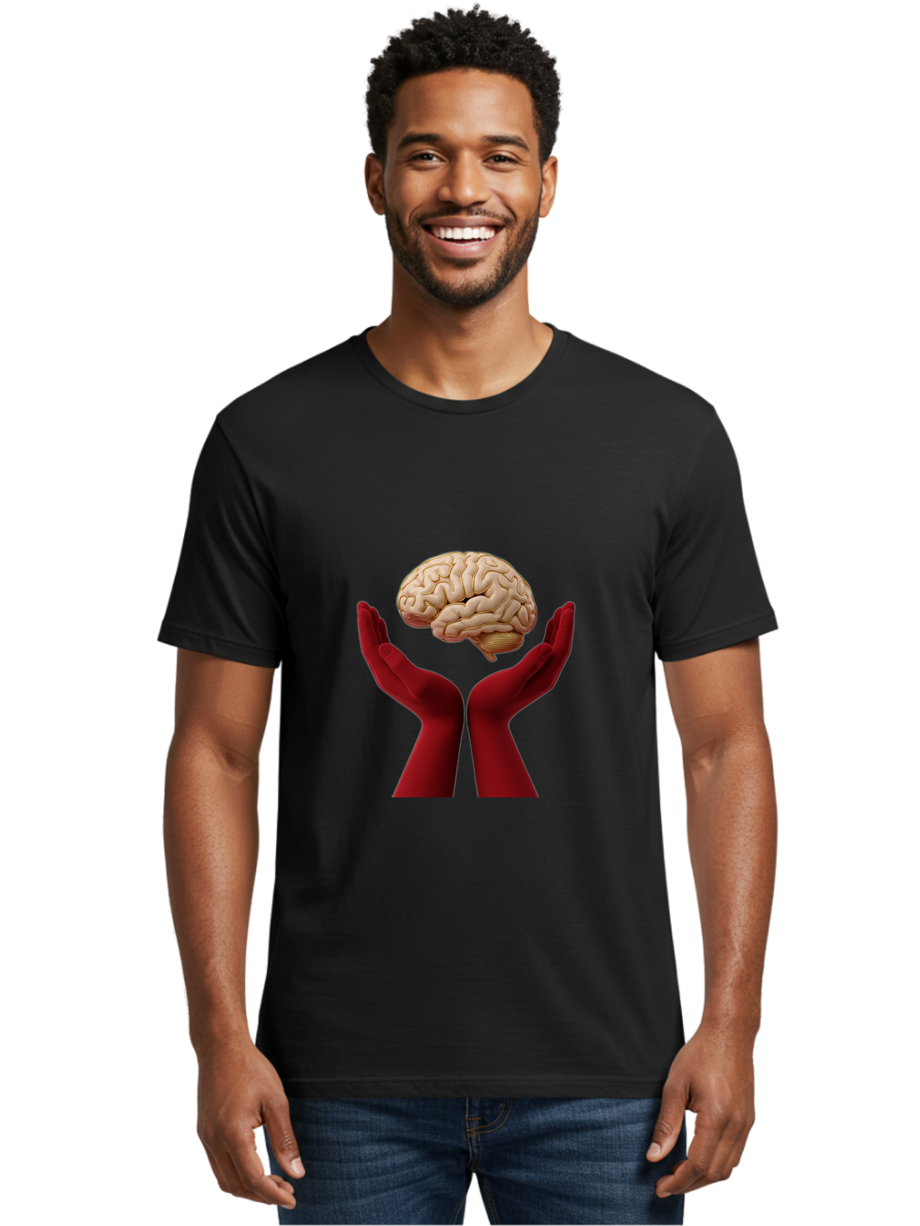 Hands-Holding-Brain-1 Men'S Graphic Tee, 100% Cotton, Comfortable Casual Summer Wear, Machine Washable, Human Brain, Hands Holding Brain, Cognitive Function, Neuroscience, Human Anatomy, Red Gloves, Realistic Brain Model, Medical Illustration, Bae029 26
