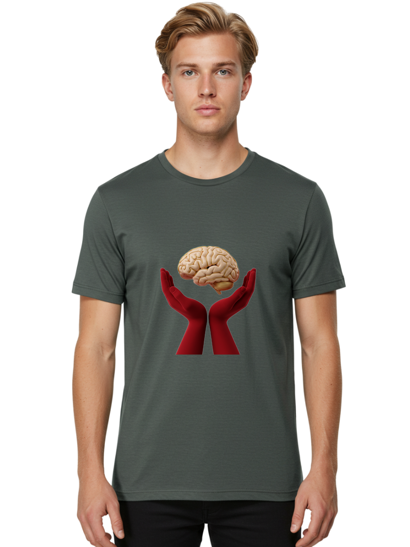 Hands-Holding-Brain-1 Men'S Graphic Tee, 100% Cotton, Comfortable Casual Summer Wear, Machine Washable, Human Brain, Hands Holding Brain, Cognitive Function, Neuroscience, Human Anatomy, Red Gloves, Realistic Brain Model, Medical Illustration, Bae029 28