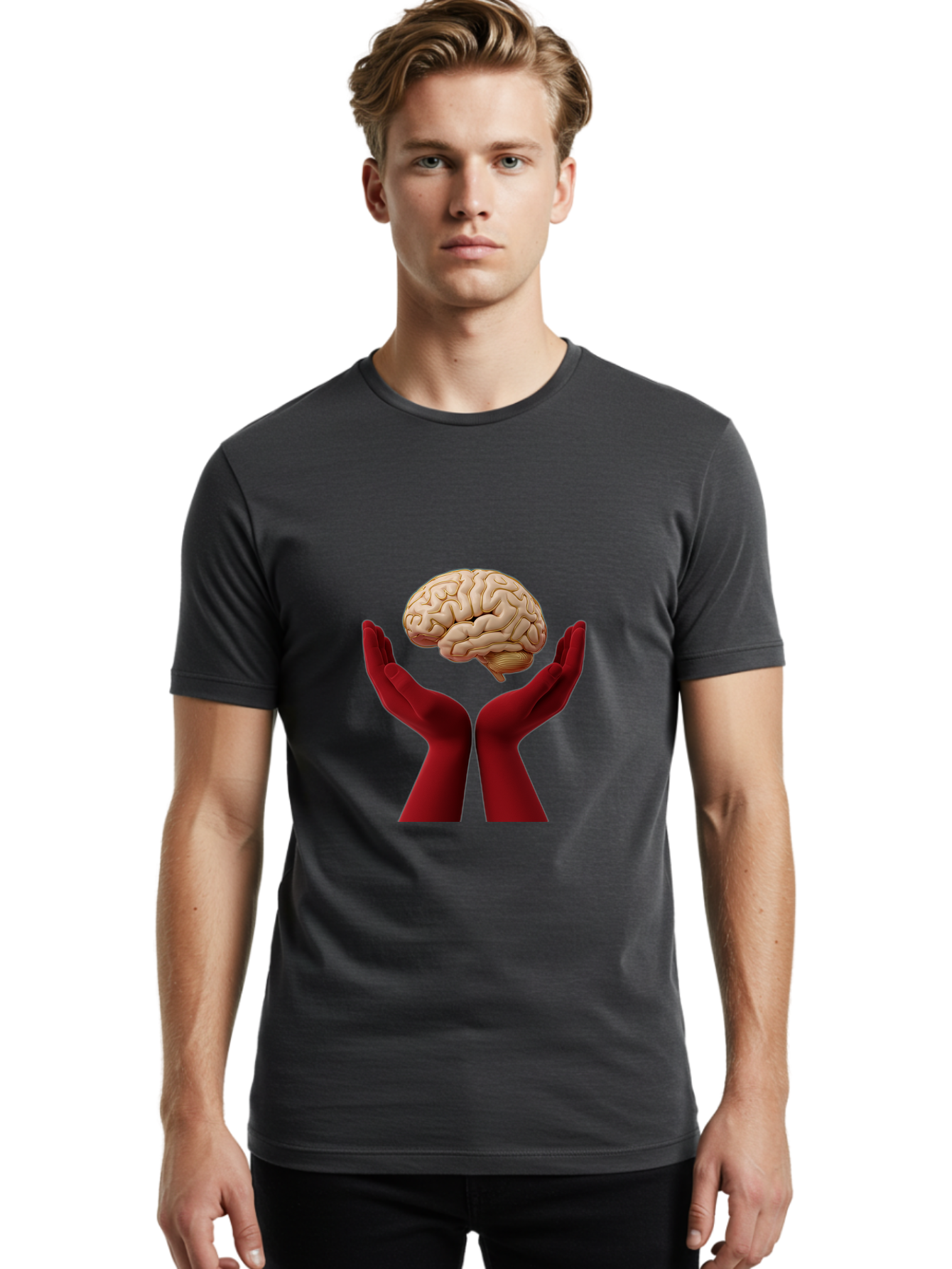 Hands-Holding-Brain-1 Men'S Graphic Tee, 100% Cotton, Comfortable Casual Summer Wear, Machine Washable, Human Brain, Hands Holding Brain, Cognitive Function, Neuroscience, Human Anatomy, Red Gloves, Realistic Brain Model, Medical Illustration, Bae029 24