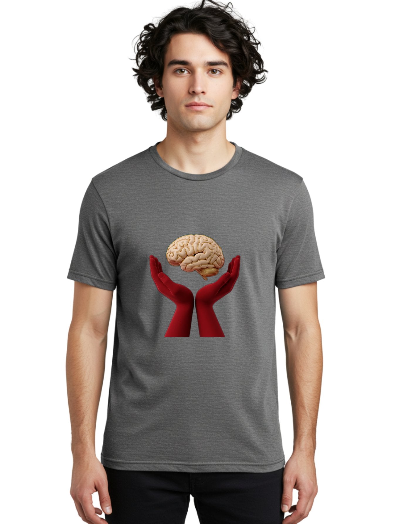 Hands-Holding-Brain-1 Men'S Graphic Tee, 100% Cotton, Comfortable Casual Summer Wear, Machine Washable, Human Brain, Hands Holding Brain, Cognitive Function, Neuroscience, Human Anatomy, Red Gloves, Realistic Brain Model, Medical Illustration, Bae029 26
