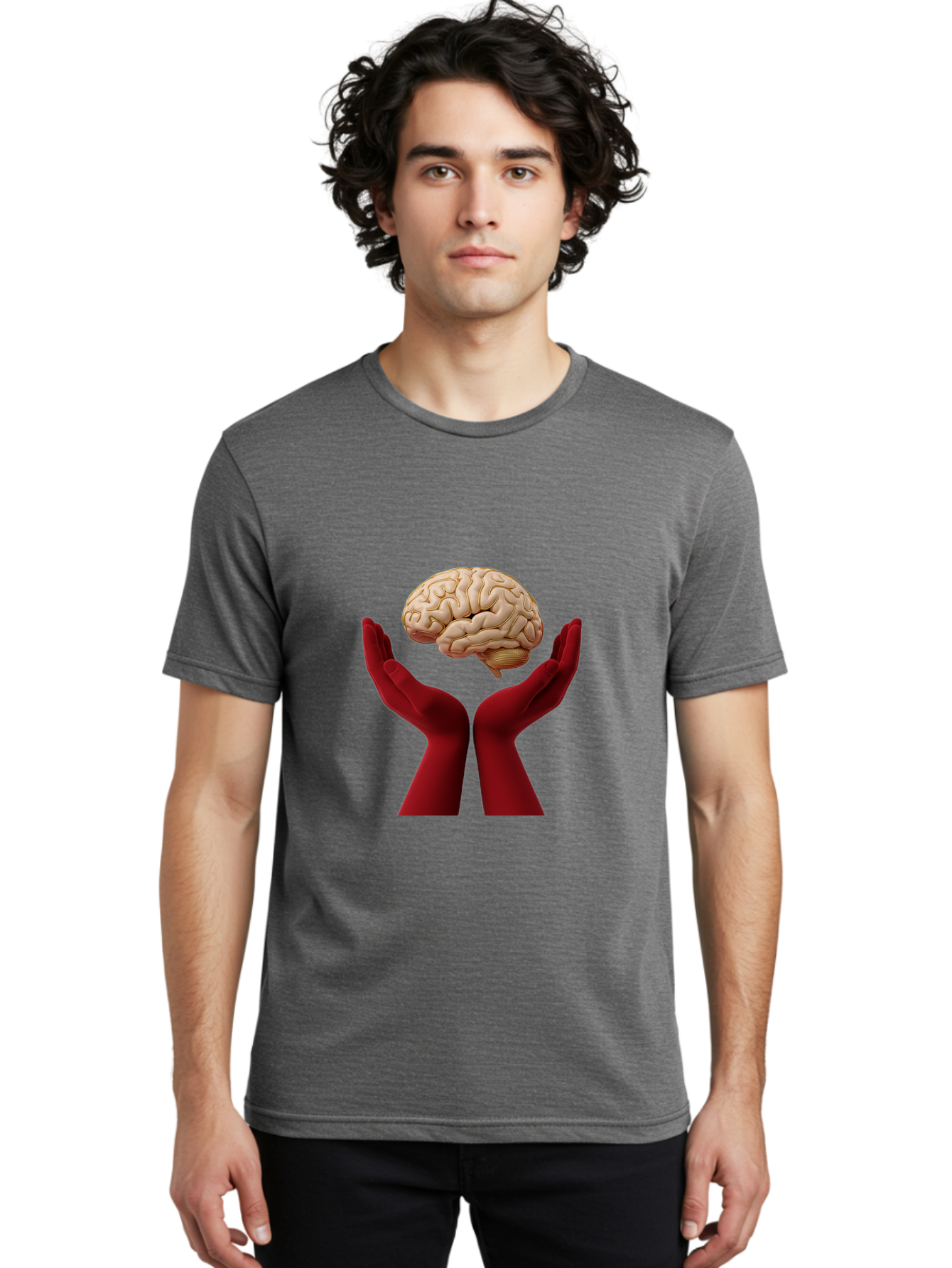 Hands-Holding-Brain-1 Men'S Graphic Tee, 100% Cotton, Comfortable Casual Summer Wear, Machine Washable, Human Brain, Hands Holding Brain, Cognitive Function, Neuroscience, Human Anatomy, Red Gloves, Realistic Brain Model, Medical Illustration, Bae029 20