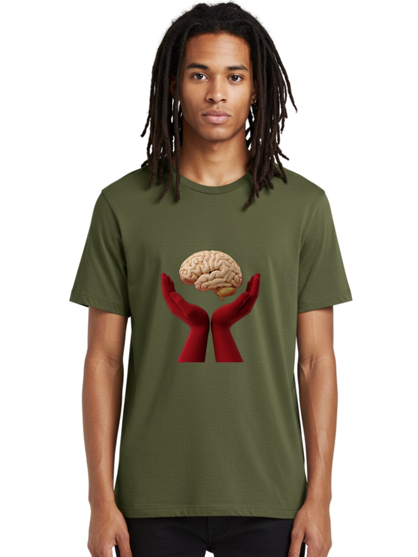 Hands-Holding-Brain-1 Men'S Graphic Tee, 100% Cotton, Comfortable Casual Summer Wear, Machine Washable, Human Brain, Hands Holding Brain, Cognitive Function, Neuroscience, Human Anatomy, Red Gloves, Realistic Brain Model, Medical Illustration, Bae029 24
