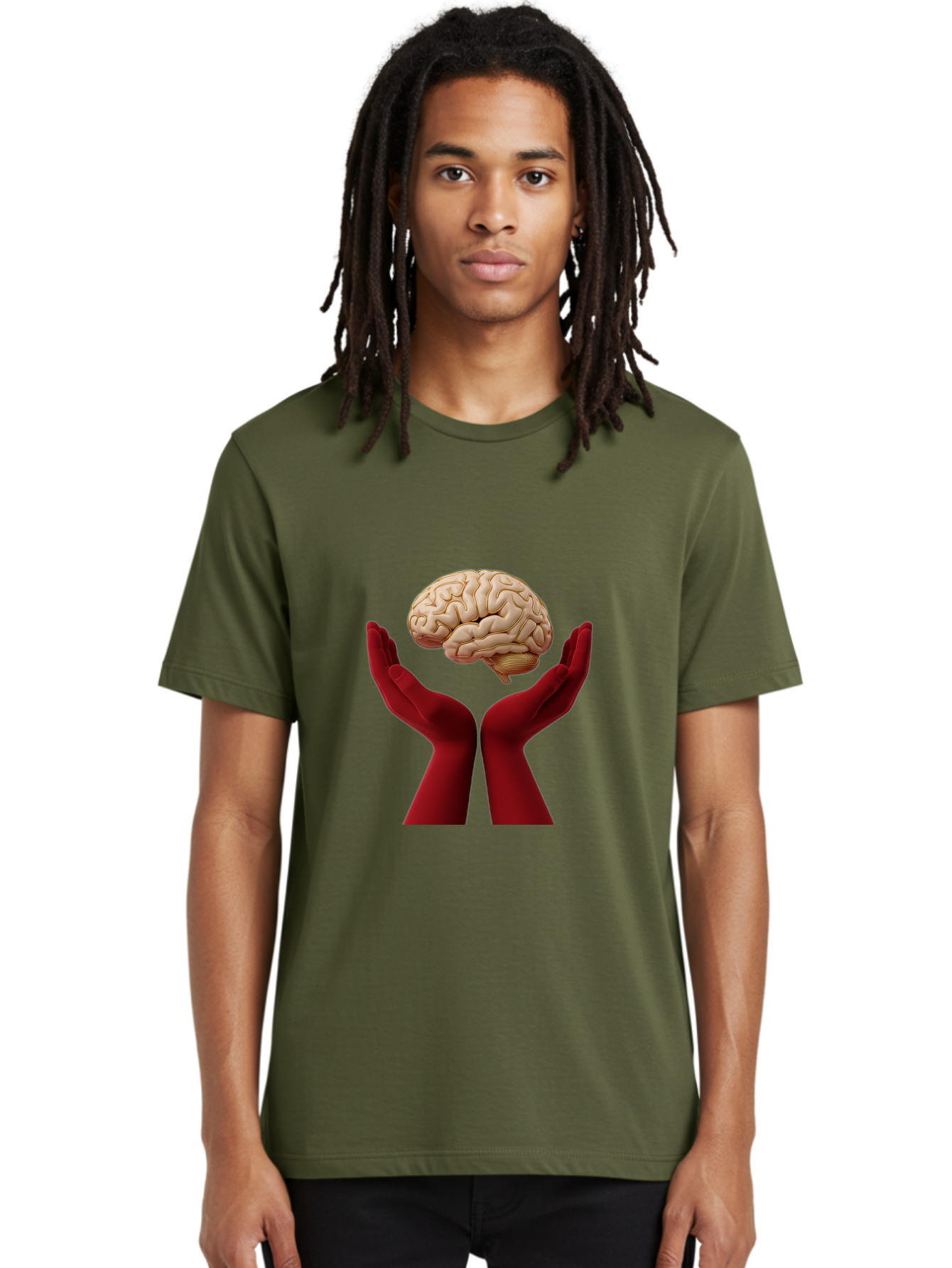 Hands-Holding-Brain-1 Men'S Graphic Tee, 100% Cotton, Comfortable Casual Summer Wear, Machine Washable, Human Brain, Hands Holding Brain, Cognitive Function, Neuroscience, Human Anatomy, Red Gloves, Realistic Brain Model, Medical Illustration, Bae029 22