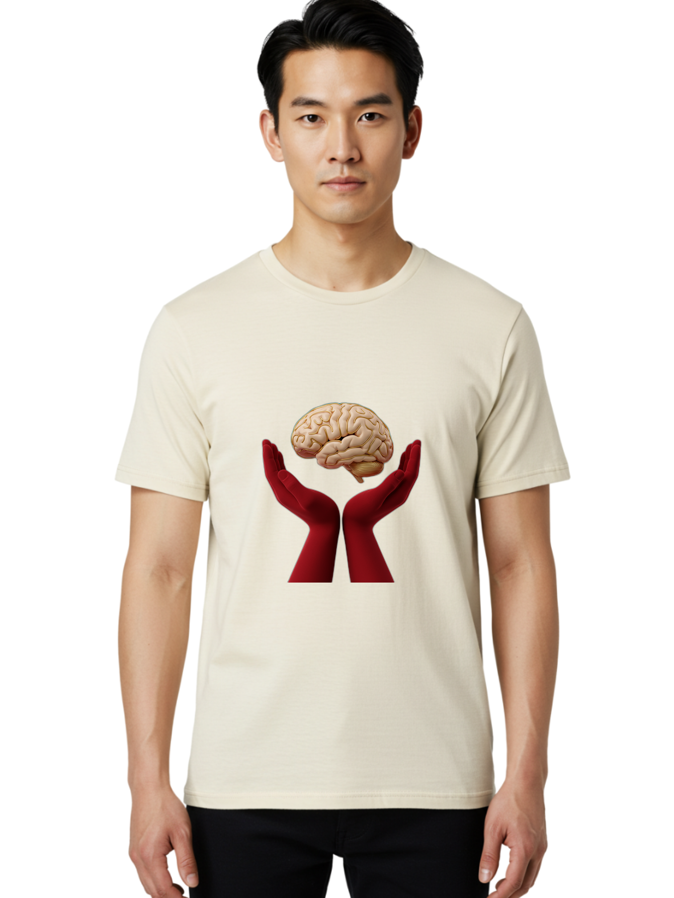 Hands-Holding-Brain-1 Men'S Graphic Tee, 100% Cotton, Comfortable Casual Summer Wear, Machine Washable, Human Brain, Hands Holding Brain, Cognitive Function, Neuroscience, Human Anatomy, Red Gloves, Realistic Brain Model, Medical Illustration, Bae029 29