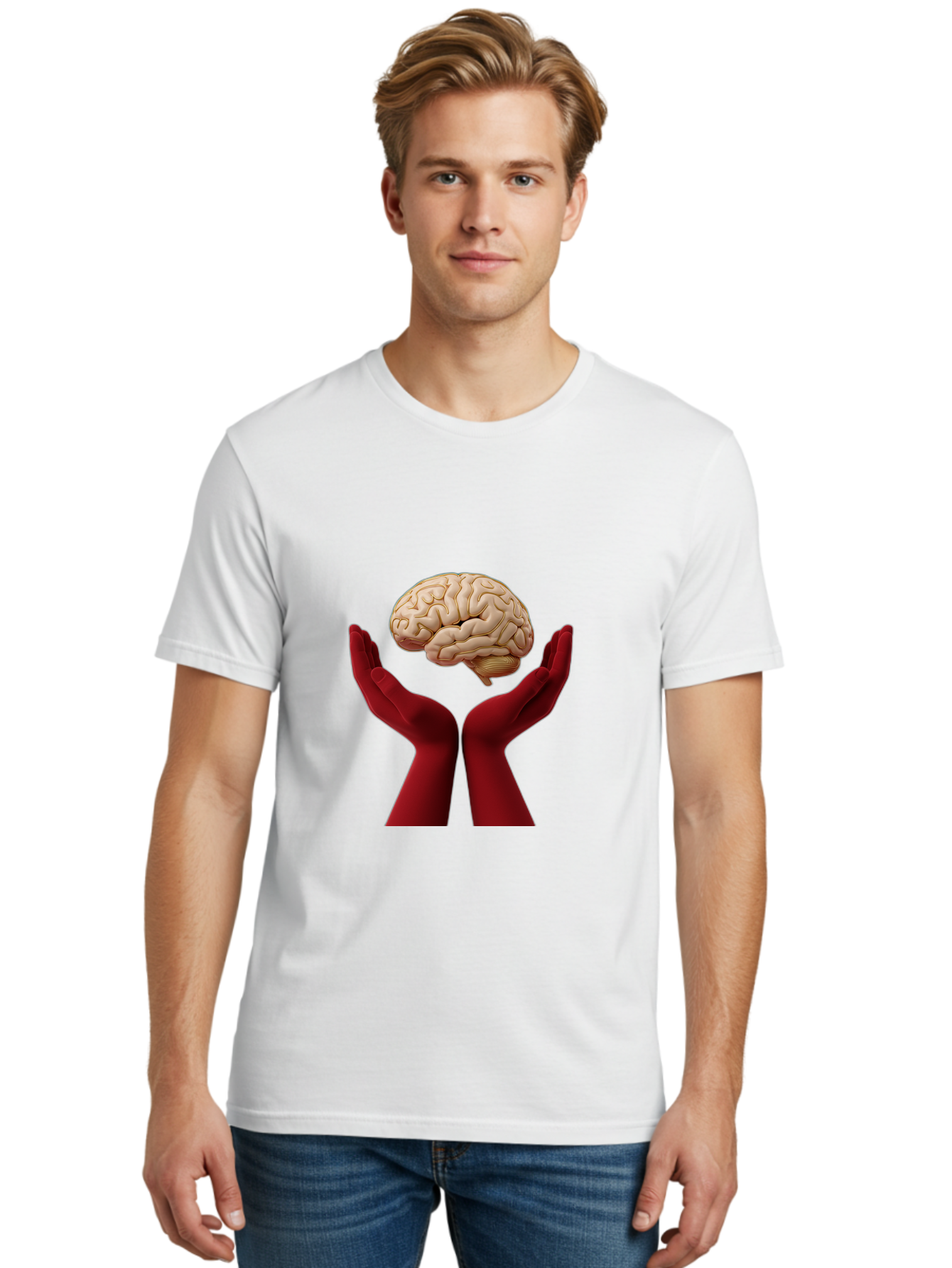 Hands-Holding-Brain-1 Men'S Graphic Tee, 100% Cotton, Comfortable Casual Summer Wear, Machine Washable, Human Brain, Hands Holding Brain, Cognitive Function, Neuroscience, Human Anatomy, Red Gloves, Realistic Brain Model, Medical Illustration, Bae029 19