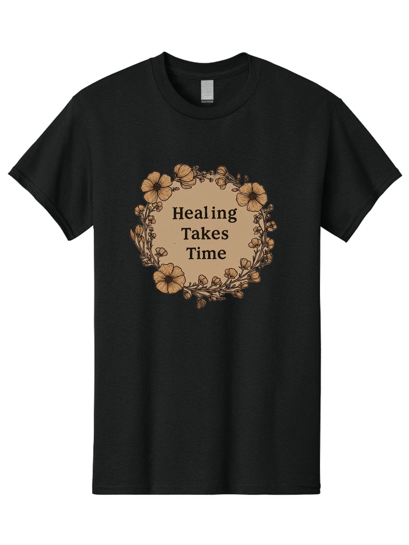 Healing-Takes-Time-2 Men'S Graphic Tee, 100% Cotton, Comfortable Casual Summer Wear, Machine Washable, Healing Takes Time, Inspirational Quote, Motivational Message, Floral Wreath, Delicate Flowers, Serene Atmosphere, Self-Care Reminder, Bae032