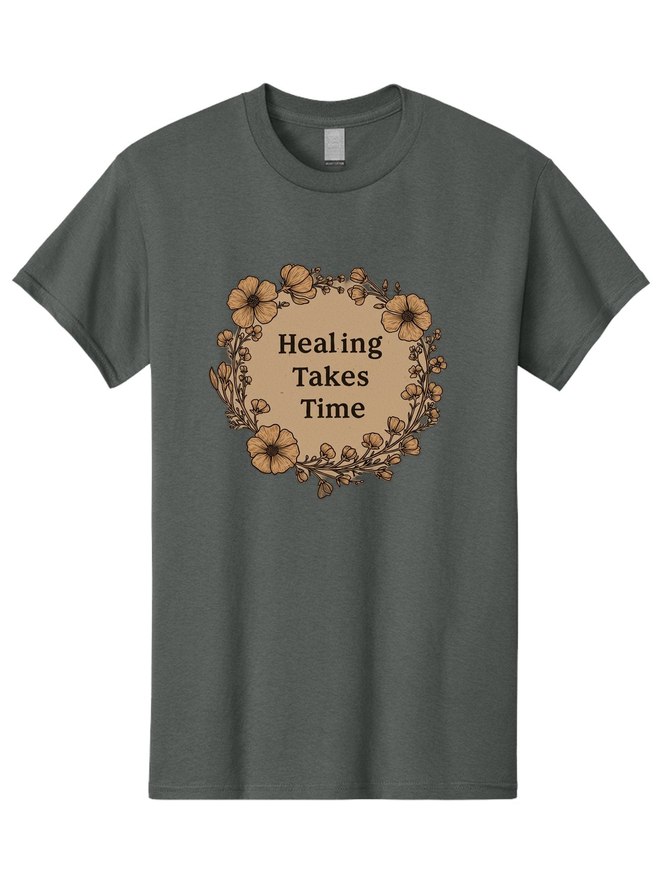 Healing-Takes-Time-2 Men'S Graphic Tee, 100% Cotton, Comfortable Casual Summer Wear, Machine Washable, Healing Takes Time, Inspirational Quote, Motivational Message, Floral Wreath, Delicate Flowers, Serene Atmosphere, Self-Care Reminder, Bae032 8