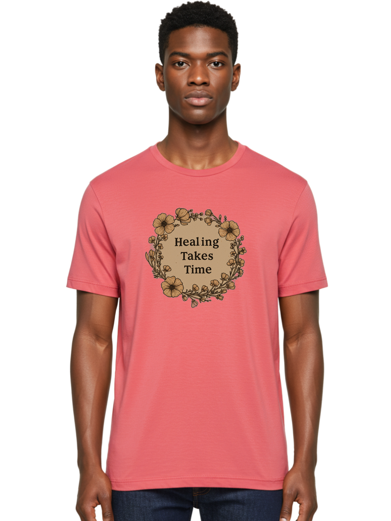 Healing-Takes-Time-2 Men'S Graphic Tee, 100% Cotton, Comfortable Casual Summer Wear, Machine Washable, Healing Takes Time, Inspirational Quote, Motivational Message, Floral Wreath, Delicate Flowers, Serene Atmosphere, Self-Care Reminder, Bae032 26