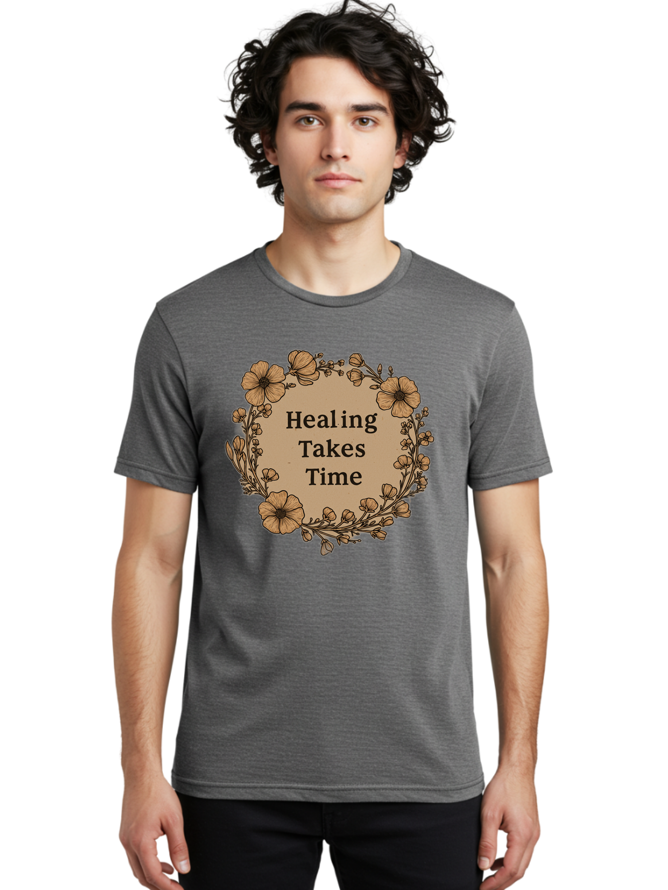 Healing-Takes-Time-2 Men'S Graphic Tee, 100% Cotton, Comfortable Casual Summer Wear, Machine Washable, Healing Takes Time, Inspirational Quote, Motivational Message, Floral Wreath, Delicate Flowers, Serene Atmosphere, Self-Care Reminder, Bae032 28