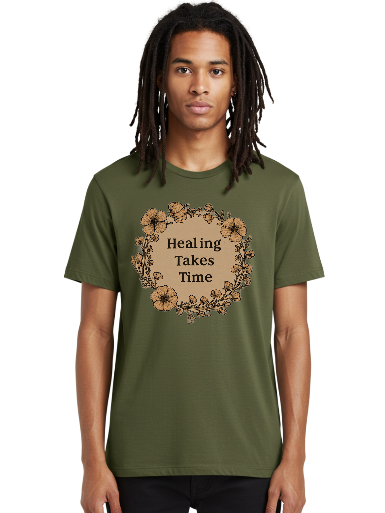 Healing-Takes-Time-2 Men'S Graphic Tee, 100% Cotton, Comfortable Casual Summer Wear, Machine Washable, Healing Takes Time, Inspirational Quote, Motivational Message, Floral Wreath, Delicate Flowers, Serene Atmosphere, Self-Care Reminder, Bae032 19