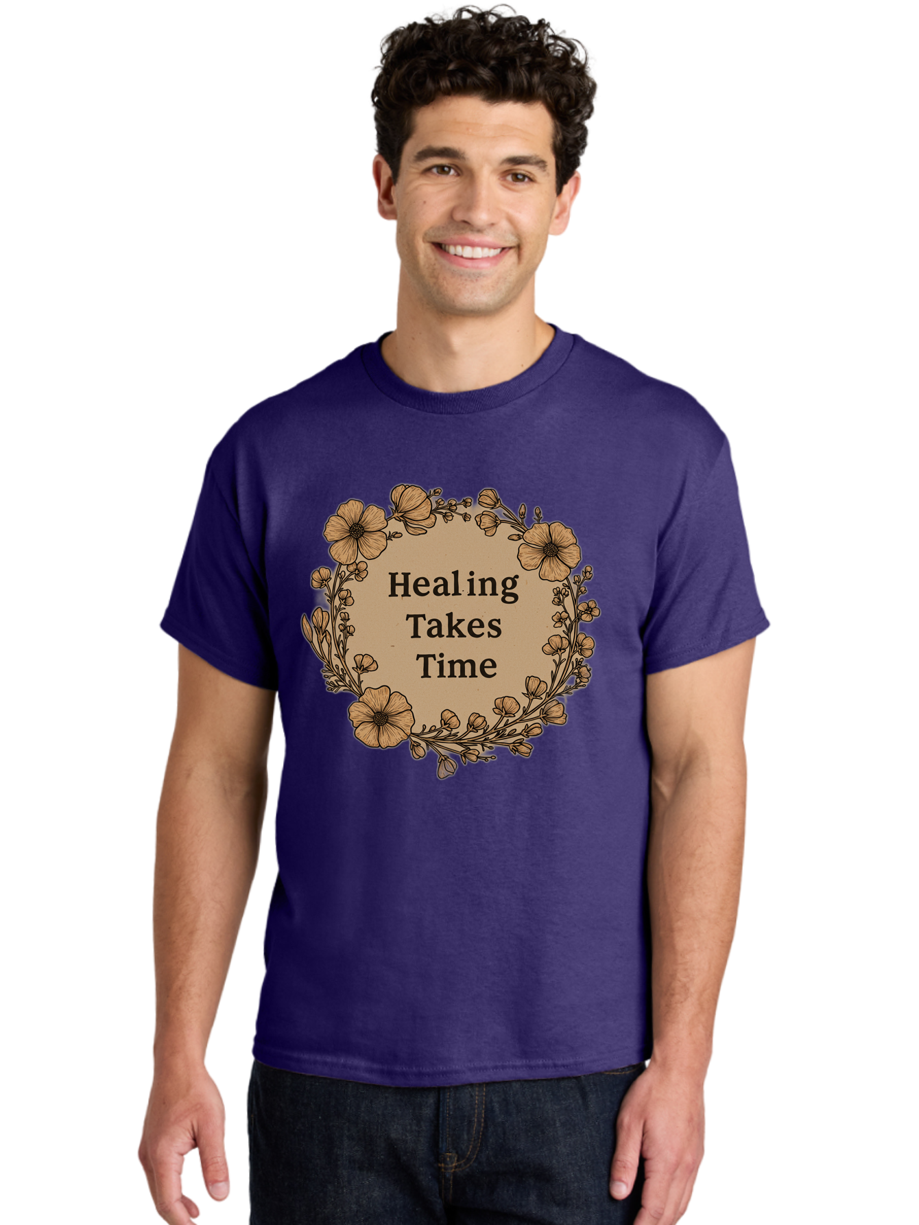 Healing-Takes-Time-2 Men'S Graphic Tee, 100% Cotton, Comfortable Casual Summer Wear, Machine Washable, Healing Takes Time, Inspirational Quote, Motivational Message, Floral Wreath, Delicate Flowers, Serene Atmosphere, Self-Care Reminder, Bae032 16