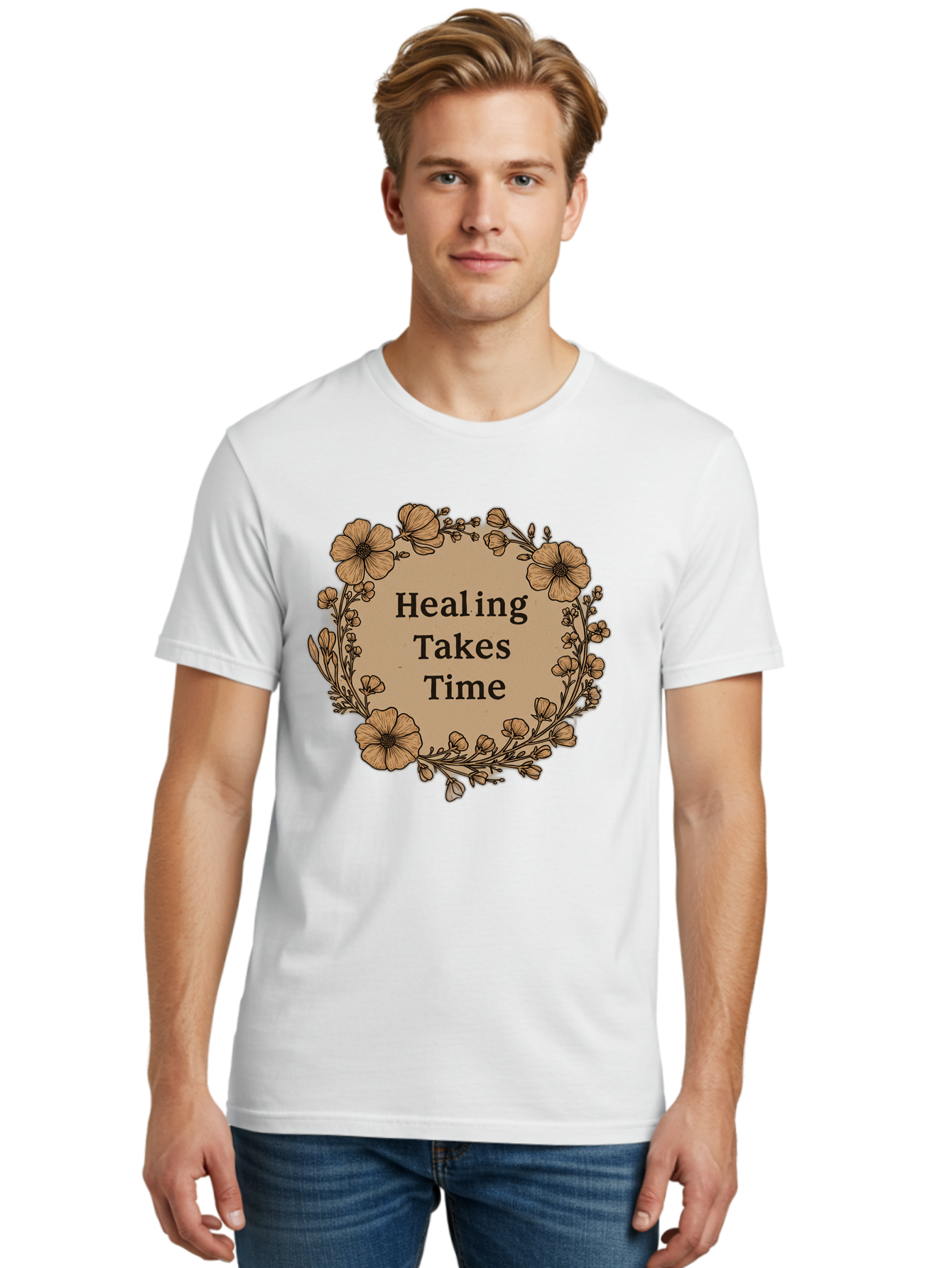 Healing-Takes-Time-2 Men'S Graphic Tee, 100% Cotton, Comfortable Casual Summer Wear, Machine Washable, Healing Takes Time, Inspirational Quote, Motivational Message, Floral Wreath, Delicate Flowers, Serene Atmosphere, Self-Care Reminder, Bae032 22