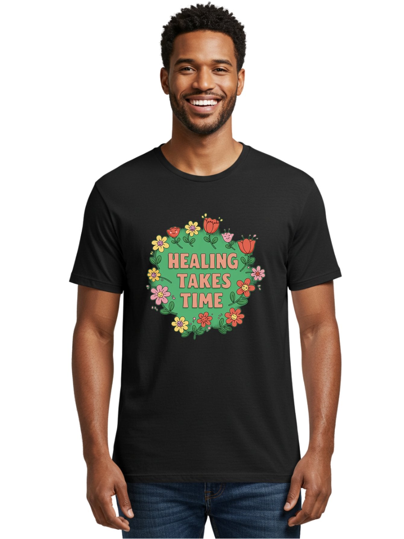 Healing-Takes-Time-3 Men'S Graphic Tee, 100% Cotton, Comfortable Casual Summer Wear, Machine Washable, Floral Wreath, Healing Takes Time, Inspirational Quote, Motivational Message, Self Care, Wellness, Mindfulness, Positive Affirmation Bae033 25