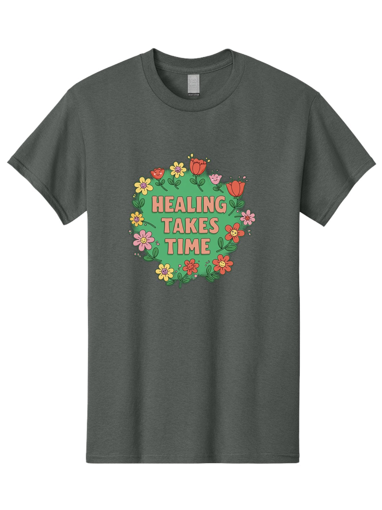 Healing-Takes-Time-3 Men'S Graphic Tee, 100% Cotton, Comfortable Casual Summer Wear, Machine Washable, Floral Wreath, Healing Takes Time, Inspirational Quote, Motivational Message, Self Care, Wellness, Mindfulness, Positive Affirmation Bae033 14