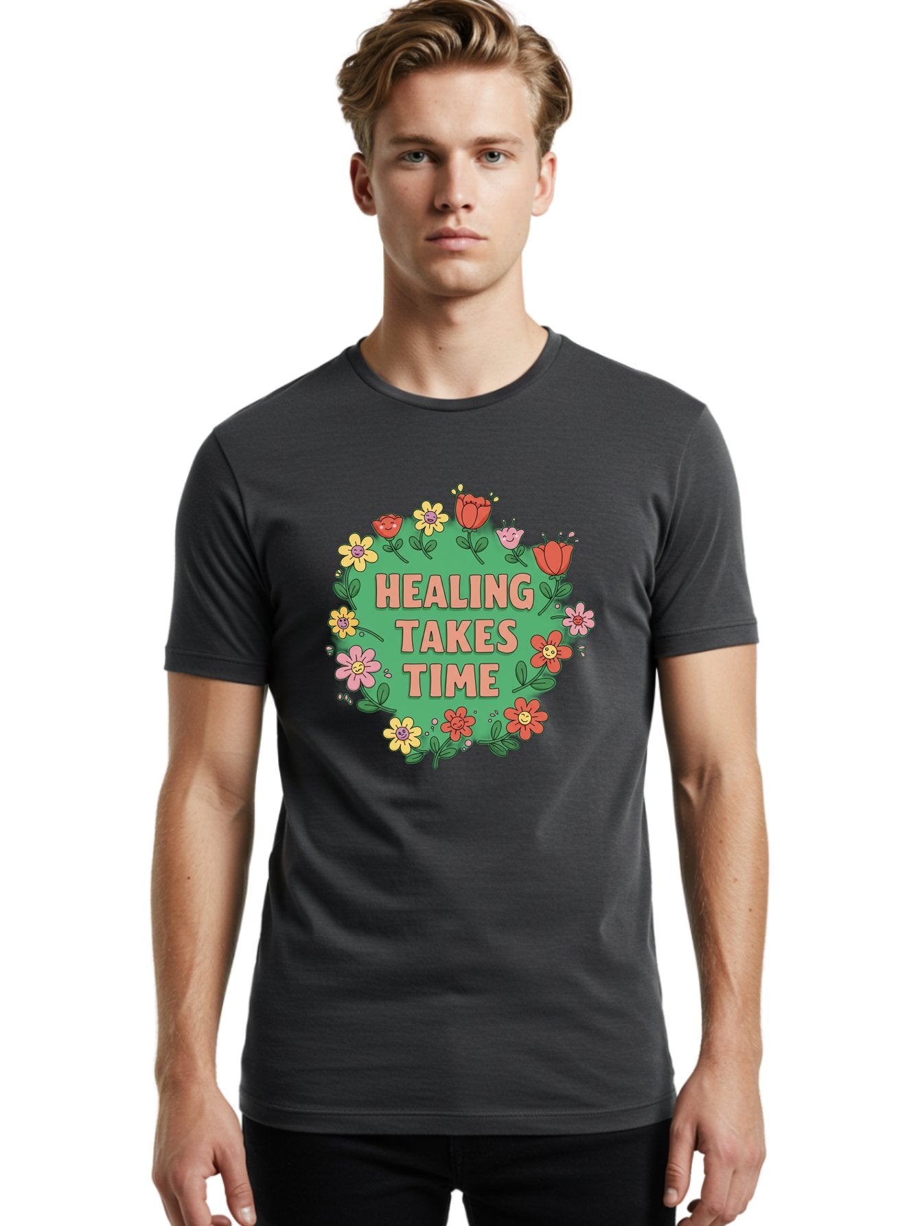 Healing-Takes-Time-3 Men'S Graphic Tee, 100% Cotton, Comfortable Casual Summer Wear, Machine Washable, Floral Wreath, Healing Takes Time, Inspirational Quote, Motivational Message, Self Care, Wellness, Mindfulness, Positive Affirmation Bae033 16